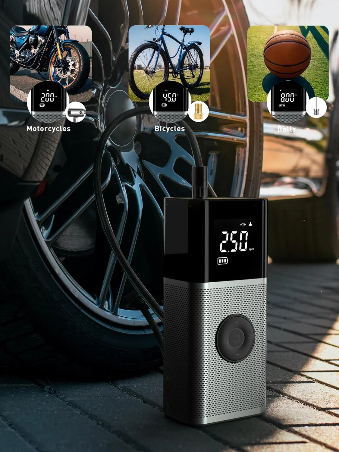 پمپ باد برقی با باتری 6000 میلی آمپر ساعت، کمپرسور USB، 10.3 بار، 12 ولت، 120 وات، پمپ برقی قابل حمل دوچرخه با چراغ اضطراری LED و 5 حالت باد کردن برای دوچرخه، ماشین