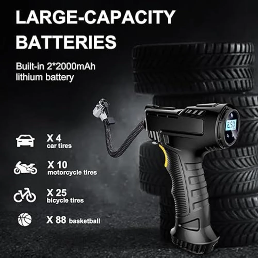 پمپ باد برقی قابل حمل، کمپرسور هوا ۱۵۰ PSI، نمایشگر دیجیتال، چراغ LED، آداپتورهای نازل برای ماشین، موتور سیکلت، دوچرخه، توپ