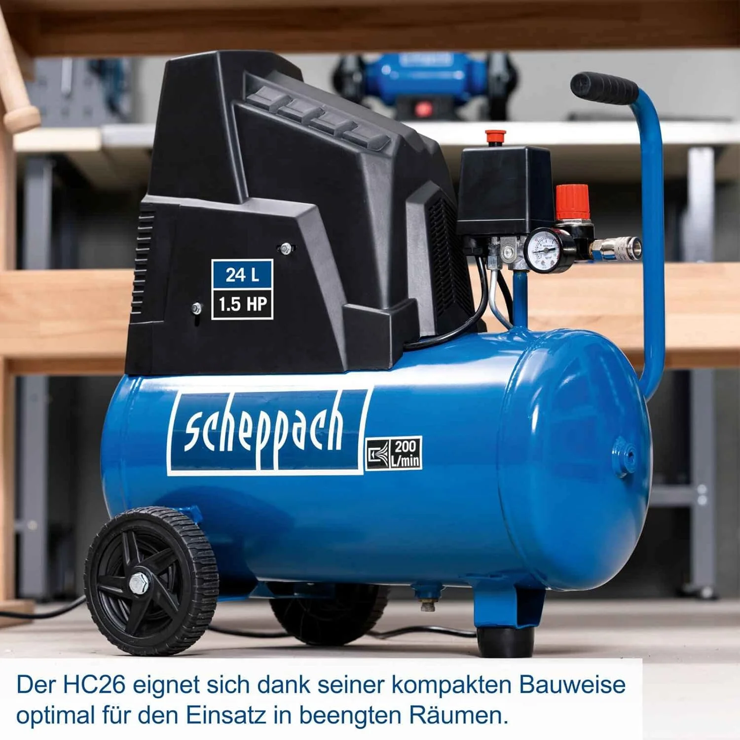 کمپرسور هوا شپباخ HC26 | قدرت مکش 220 لیتر در دقیقه | مخزن 24 لیتری | توان 1500 وات | فشار کاری 8 بار | روغن کاری شده و بادوام | شامل دسته و دستگاه محرک کمپرسور هوا شپباخ HC26 | قدرت مکش 220 لیتر در دقیقه | مخزن 24 لیتری | توان 1500 وات | فشار کاری 8 بار | روغن کاری شده و بادوام | شامل دسته و دستگاه محرک