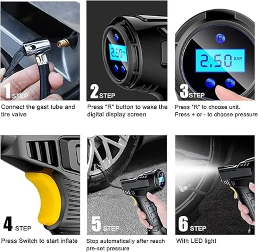 پمپ باد برقی قابل حمل، کمپرسور هوا ۱۵۰ PSI، نمایشگر دیجیتال، چراغ LED، آداپتورهای نازل برای ماشین، موتور سیکلت، دوچرخه، توپ
