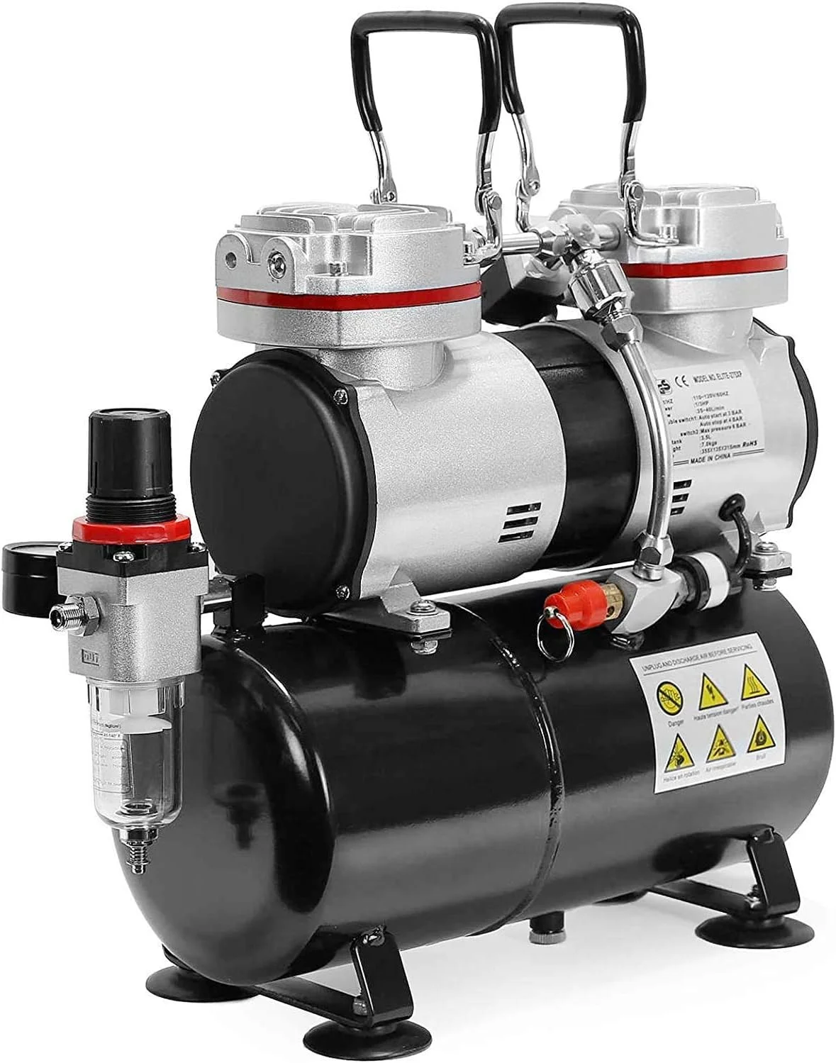 کمپرسور هوای کوچک HYCO با مخزن هوای 3.5 لیتری برای ایربراش، مناسب برای آرایش، تزیین کیک، خالکوبی، نقاشی صورت و بدن و ایربراشینگ. (پیستون دوبل)