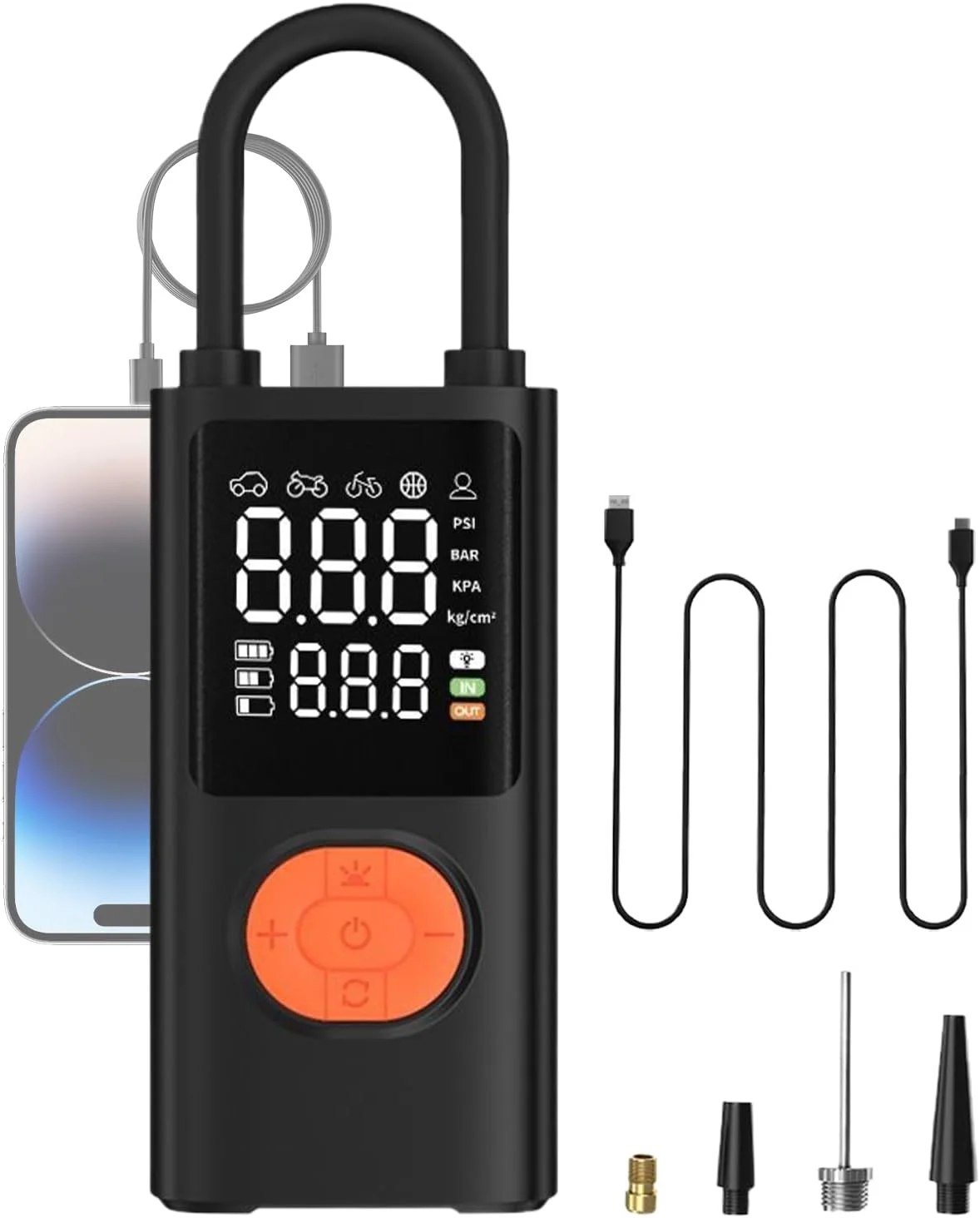 پمپ باد قابل حمل، کمپرسور هوا خودرو، پمپ باد با فشارسنج دیجیتال و چراغ شارژی برای ورزش، کمپینگ، تعمیر دوچرخه، کامیون، موتور سیکلت، توپ، مسافرت و شرایط شبانه