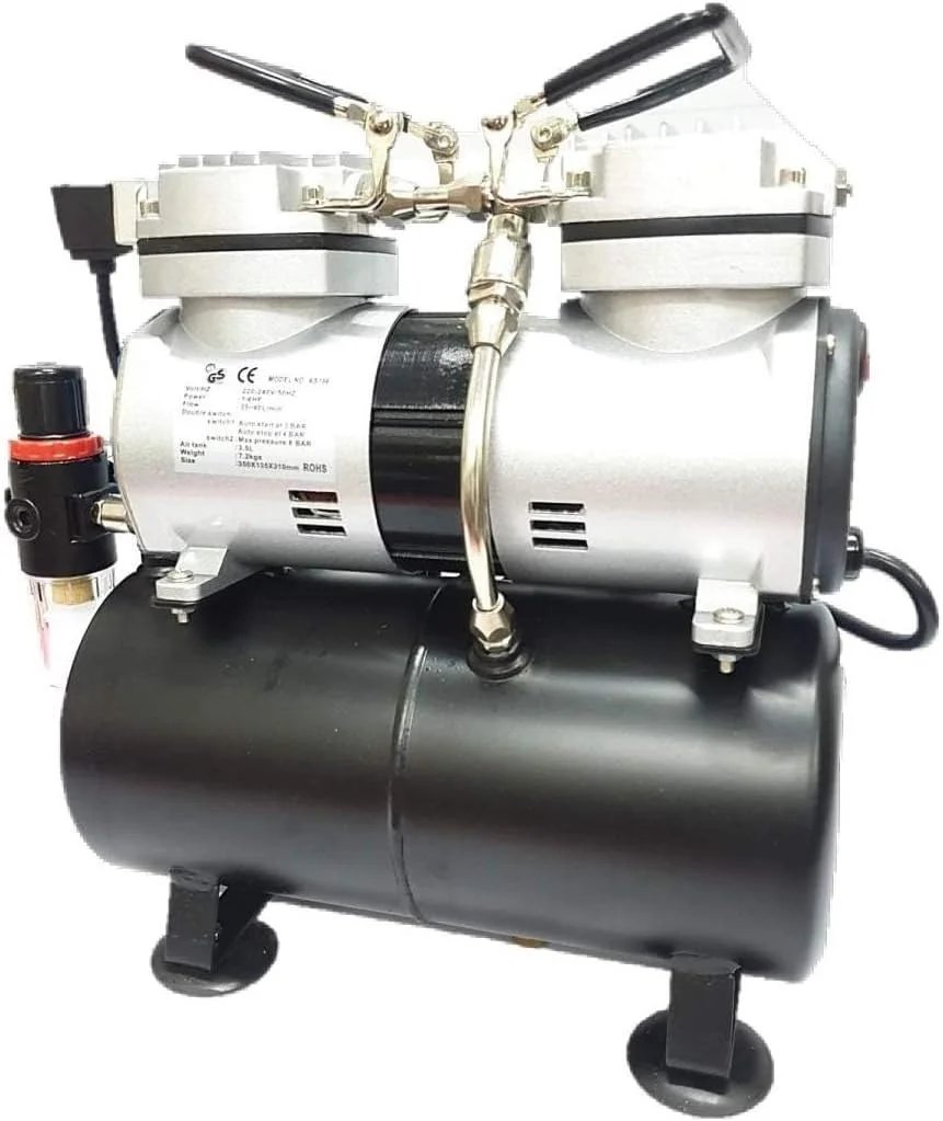 کمپرسور هوای کوچک HYCO با مخزن هوای 3.5 لیتری برای ایربراش، مناسب برای آرایش، تزیین کیک، خالکوبی، نقاشی صورت و بدن و ایربراشینگ. (پیستون دوبل)