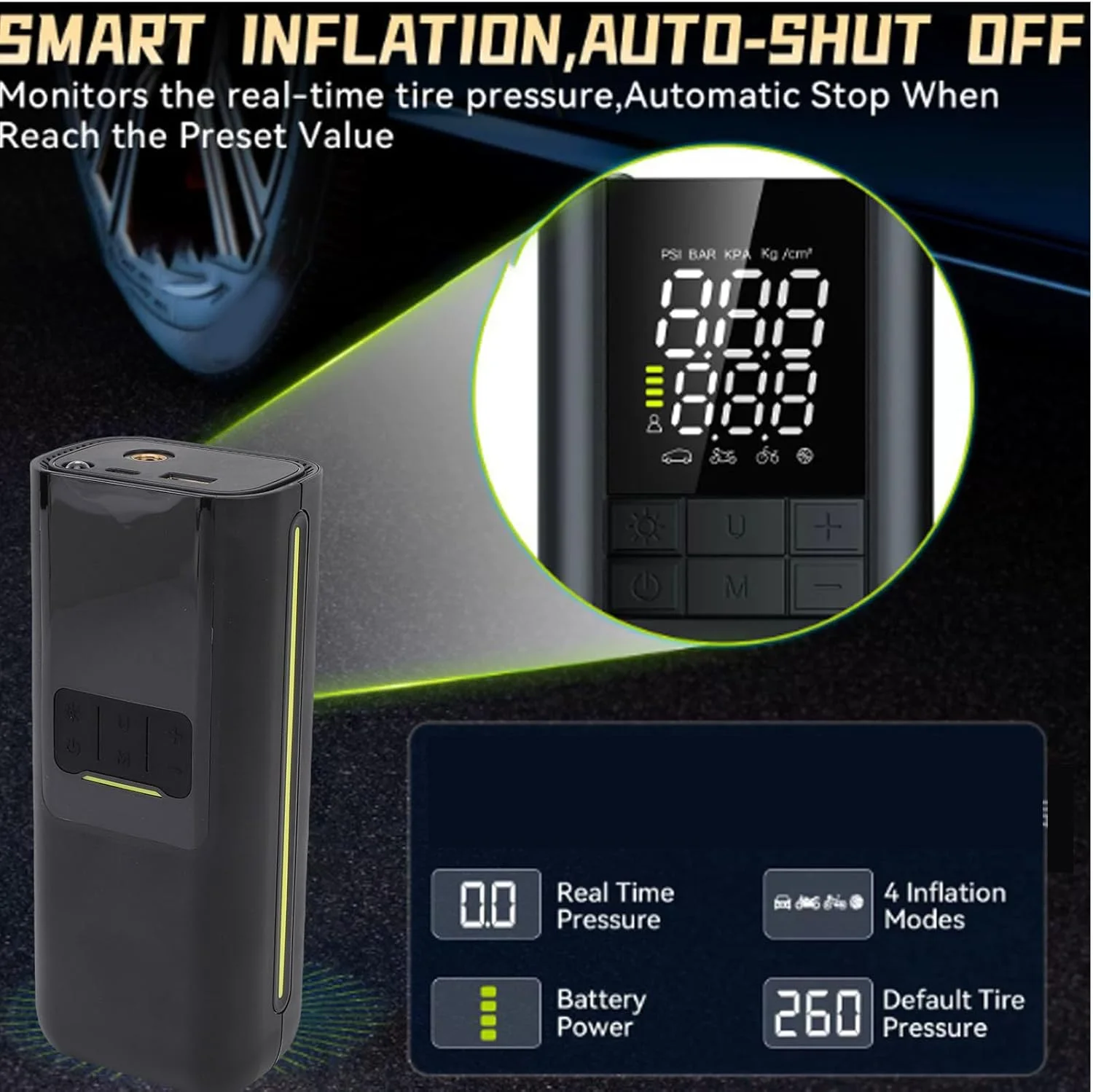 پمپ باد قابل حمل Cryfokt، پمپ هوای اتوماتیک 3 تا 150PSI، پمپ برقی با صفحه نمایش دیجیتال و خاموش شدن خودکار با 5 حالت باد کردن، برای لاستیک خودرو، اسباب بازی های بادی