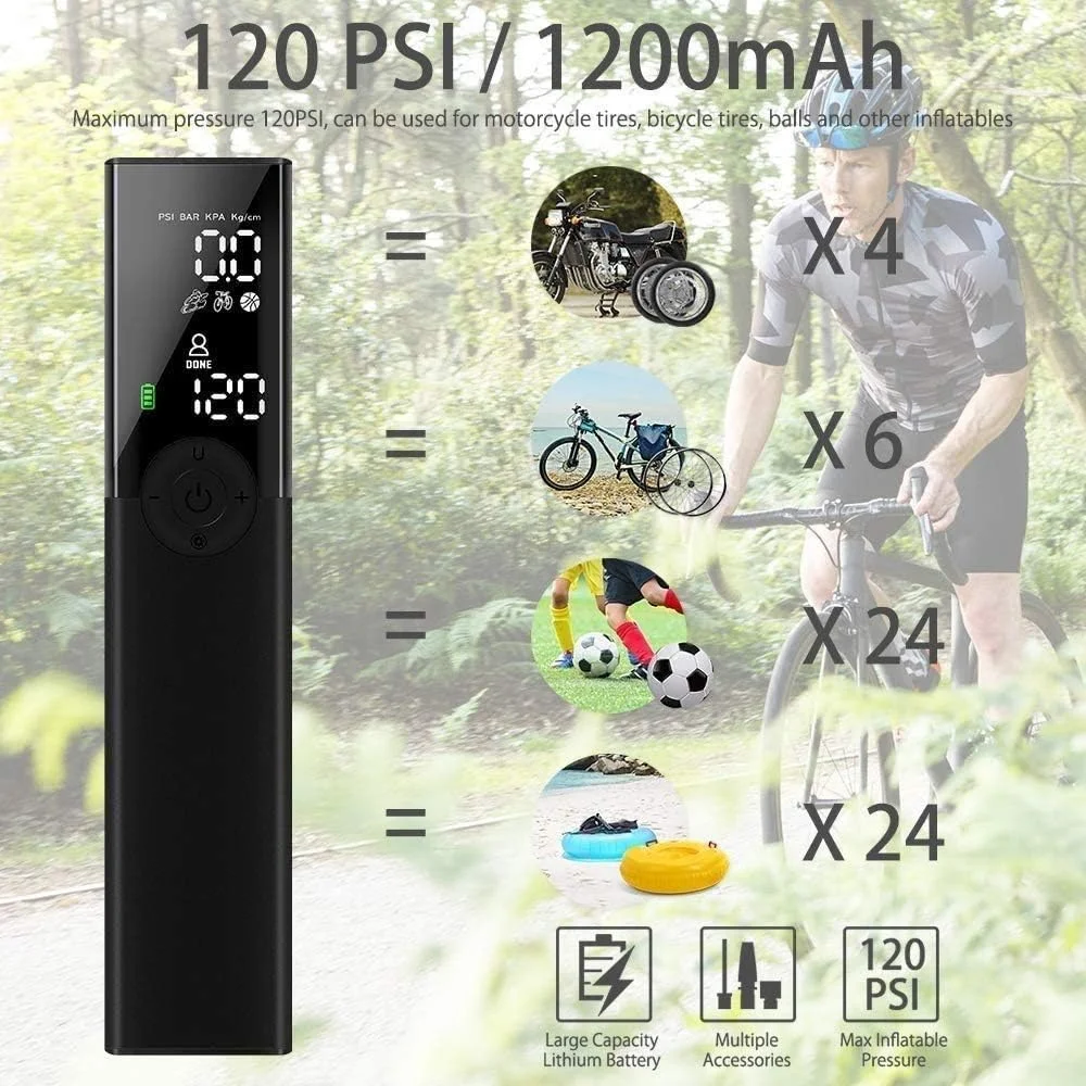 کمپرسور هوای قابل حمل مینی، پمپ دستی 1200mAh با نورپردازی اضطراری LED دیجیتال، باتری لیتیومی قابل شارژ برای لاستیک دوچرخه، موتور سیکلت، توپ و سایر وسایل بادی