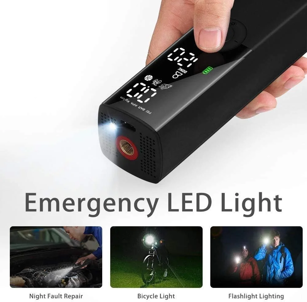 کمپرسور هوای قابل حمل مینی، پمپ دستی 1200mAh با نورپردازی اضطراری LED دیجیتال، باتری لیتیومی قابل شارژ برای لاستیک دوچرخه، موتور سیکلت، توپ و سایر وسایل بادی