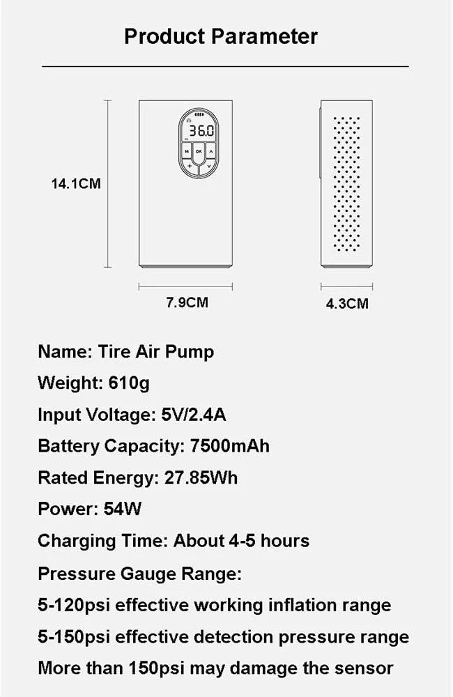 پمپ باد لاستیک HEWXWX، کمپرسور هوای قابل حمل بی سیم 150PSI / 7500Mah با چراغ LED و صفحه نمایش LCD، مناسب برای اکثر خودروها و سایر وسایل بادی