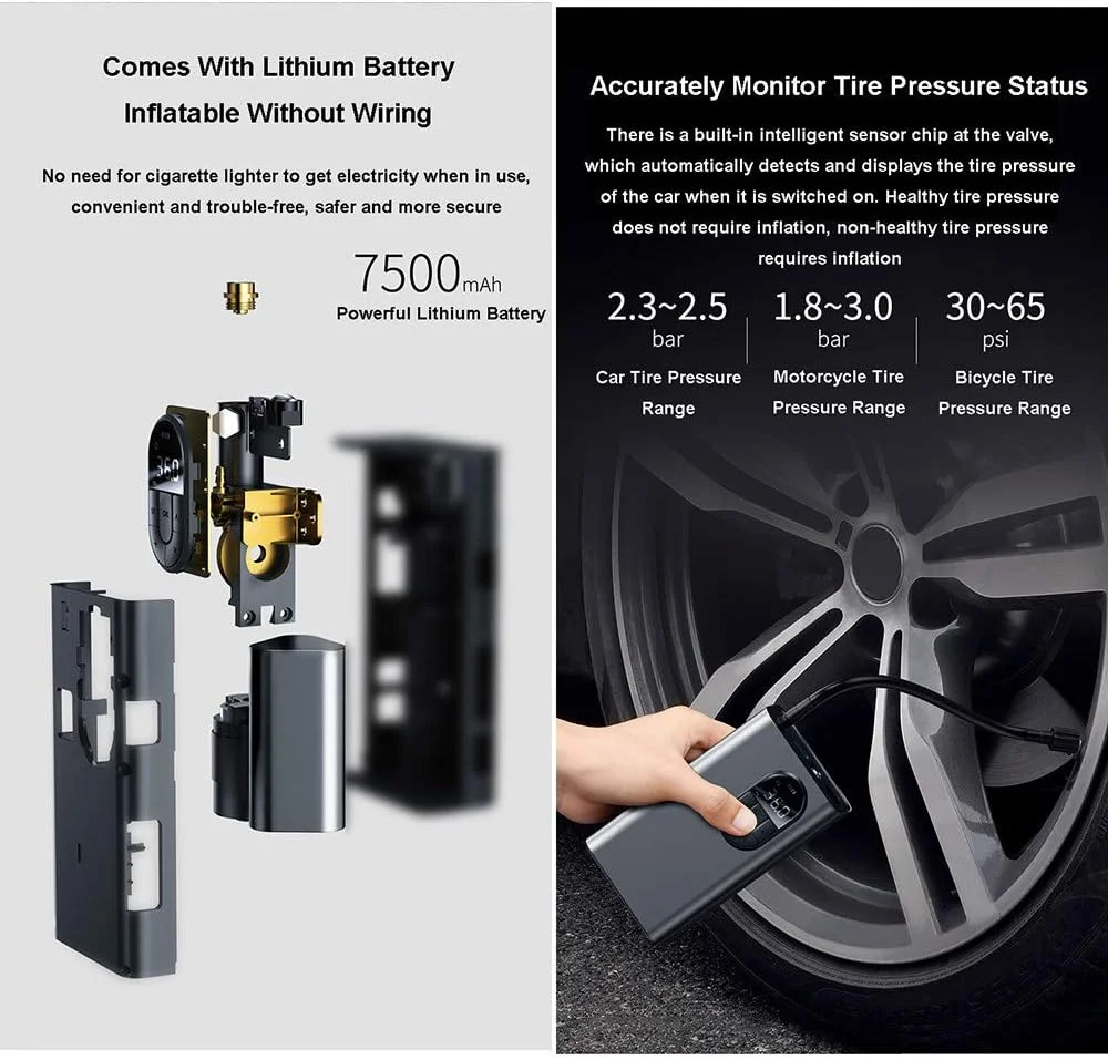 پمپ باد لاستیک HEWXWX، کمپرسور هوای قابل حمل بی سیم 150PSI / 7500Mah با چراغ LED و صفحه نمایش LCD، مناسب برای اکثر خودروها و سایر وسایل بادی
