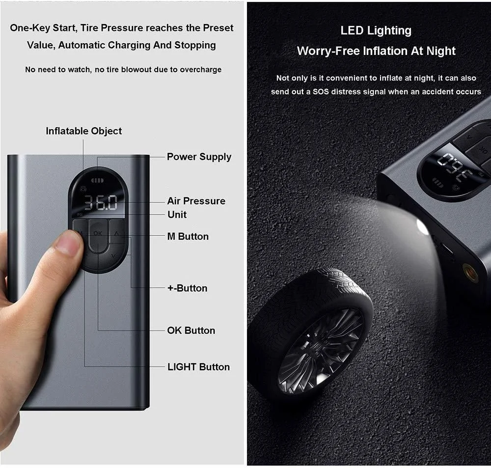 پمپ باد لاستیک HEWXWX، کمپرسور هوای قابل حمل بی سیم 150PSI / 7500Mah با چراغ LED و صفحه نمایش LCD، مناسب برای اکثر خودروها و سایر وسایل بادی