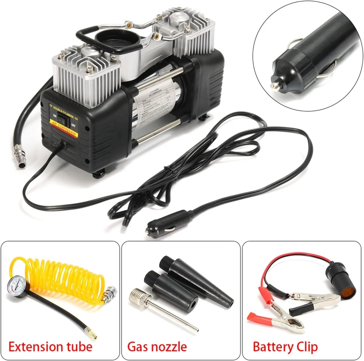 پمپ کمپرسور هوا ZDmalt 12V 150PSI 60L برای باد کردن لاستیک خودرو، کیت قابل حمل 4WD، پمپ فشار دو سیلندر، مجموعه ابزار