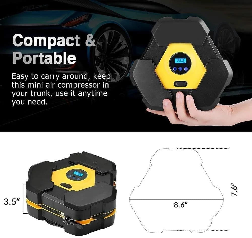 پمپ باد تایر، پمپ هوای قابل حمل 12 ولت 150PSI برای لاستیک خودرو، پمپ تایر اتوماتیک با نورپردازی اضطراری LED برای خودرو، دوچرخه، موتور سیکلت، توپ، استخر بادی و غیره