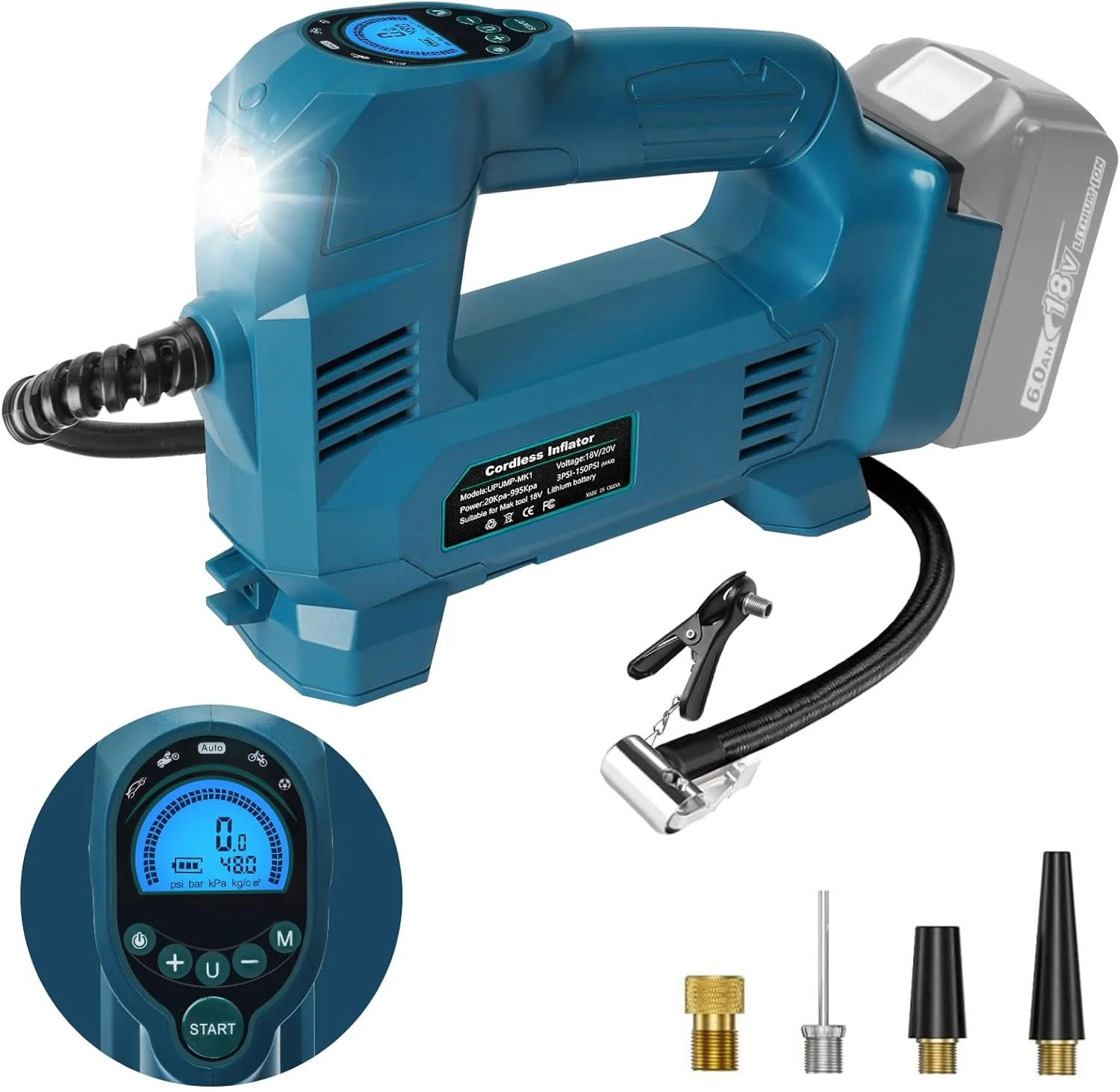 کمپرسور باد باتری خور QUPERR سازگار با باتری 18 ولت ماکیتا، کمپرسور هوای برقی تا 10.34 بار با چراغ LED و توقف خودکار، پمپ هوای قابل حمل برای ماشین، موتور سیکلت، دوچرخه، توپ (بدون باتری)