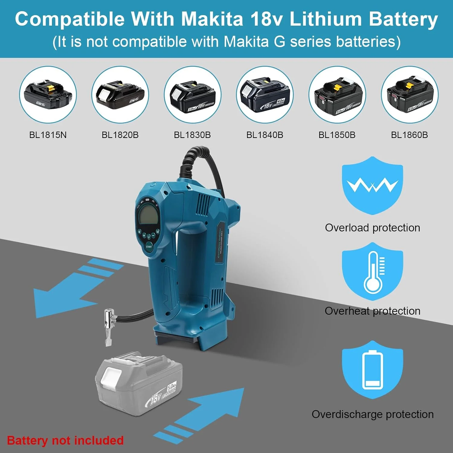 کمپرسور باد باتری خور QUPERR سازگار با باتری 18 ولت ماکیتا، کمپرسور هوای برقی تا 10.34 بار با چراغ LED و توقف خودکار، پمپ هوای قابل حمل برای ماشین، موتور سیکلت، دوچرخه، توپ (بدون باتری)