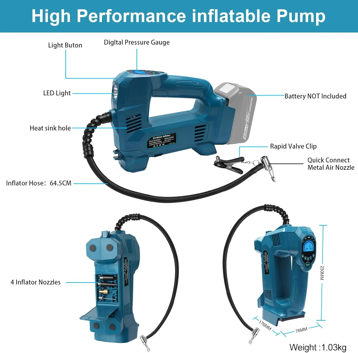 کمپرسور باد باتری خور QUPERR سازگار با باتری 18 ولت ماکیتا، کمپرسور هوای برقی تا 10.34 بار با چراغ LED و توقف خودکار، پمپ هوای قابل حمل برای ماشین، موتور سیکلت، دوچرخه، توپ (بدون باتری)