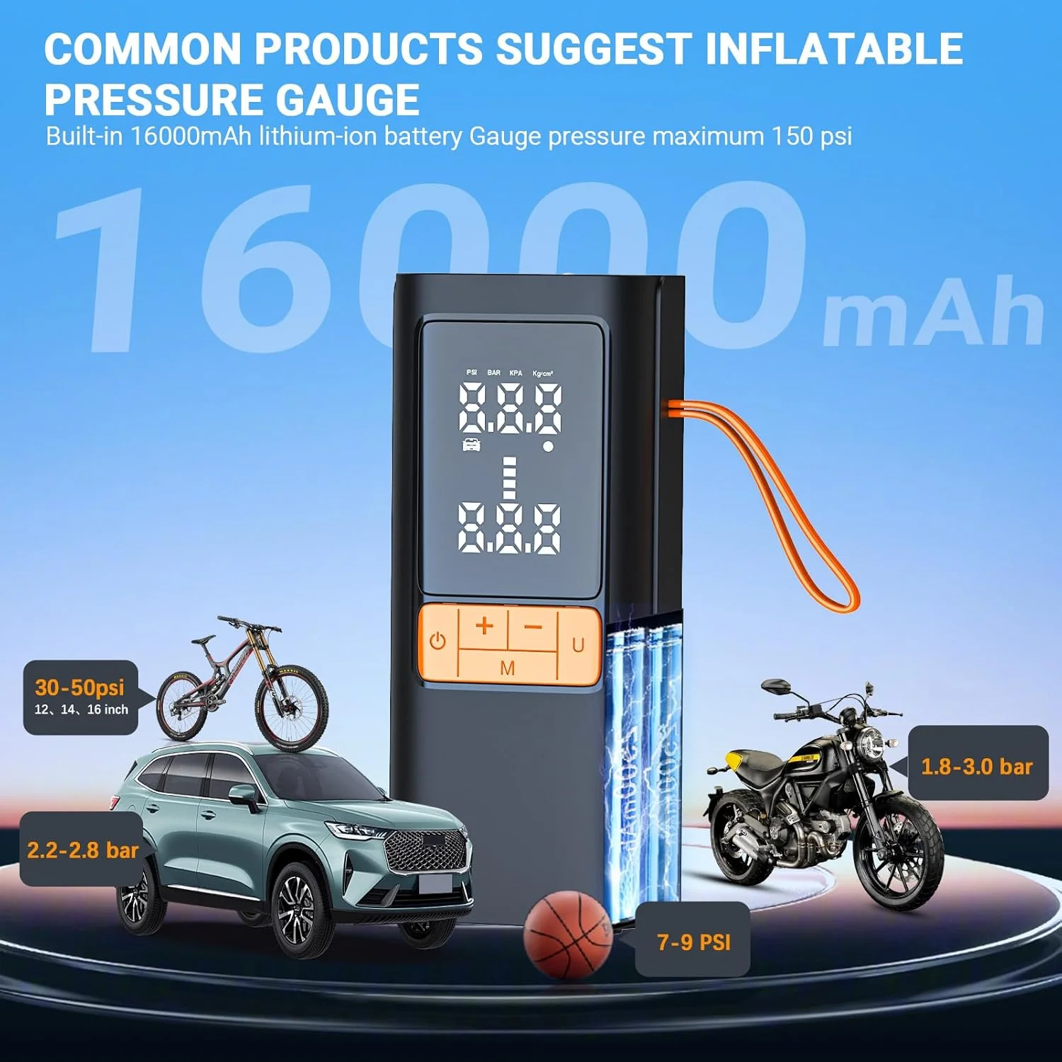 کمپرسور هوا قابل حمل برای باد کردن تایر، پمپ هوای قابل حمل 150PSI برای لاستیک خودرو، پمپ تایر برقی با فشارسنج دیجیتال، پمپ باد سریع 2X هوشمند برای خودرو، موتورسیکلت، دوچرخه، توپ