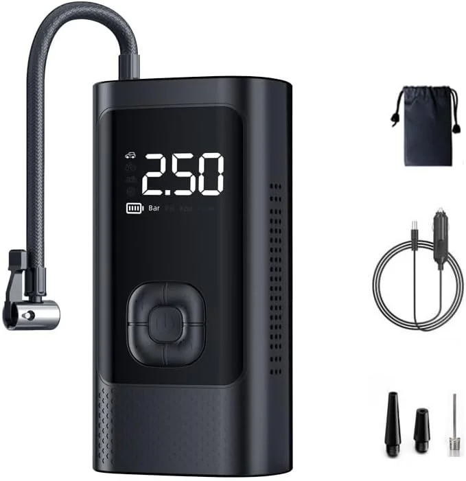 پمپ باد تایر قابل حمل Kinglala با صفحه نمایش LED و فشارسنج برای ماشین، دوچرخه و توپ (کابل فندکی)