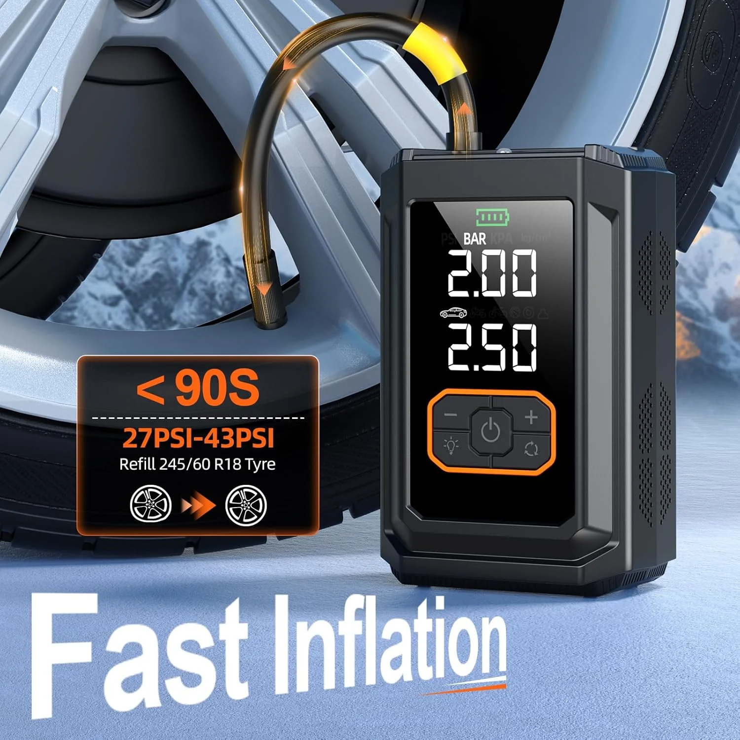 کمپرسور باد قابل حمل، پمپ باد کوچک و بی سیم 150 PSI برای خودرو، موتورسیکلت، دوچرخه، توپ با فشارسنج و چراغ LED