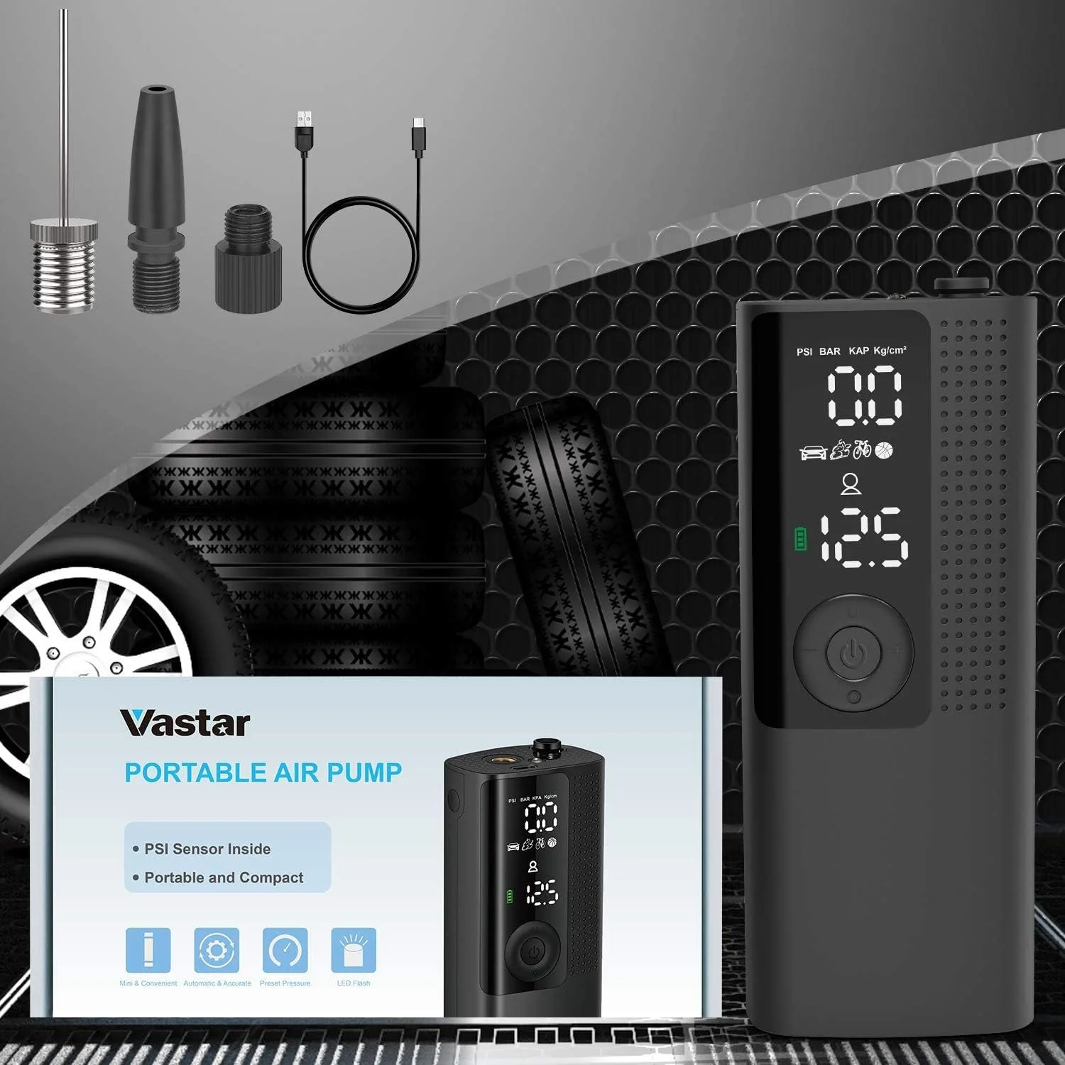 کمپرسور هوای قابل حمل، سنسور فشار هوای با دقت بالا، پمپ برقی 2000MAH، 120PSI، ذخیره سازی نای، با چراغ LED و صفحه نمایش LCD
