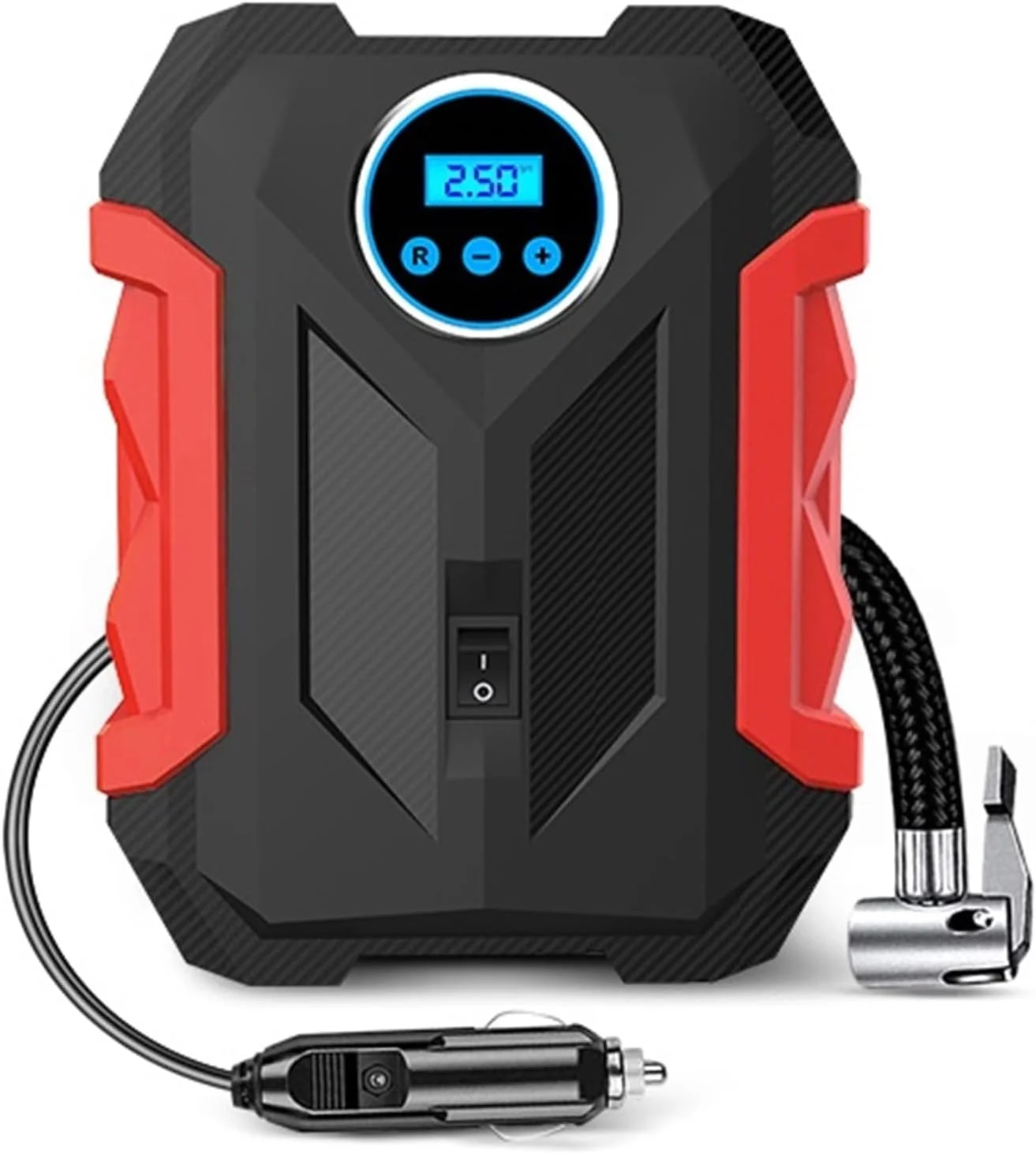 پمپ باد دیجیتال قابل حمل خودرو با چراغ LED برای باد کردن لاستیک ماشین و موتور سیکلت (رنگ: قرمز)