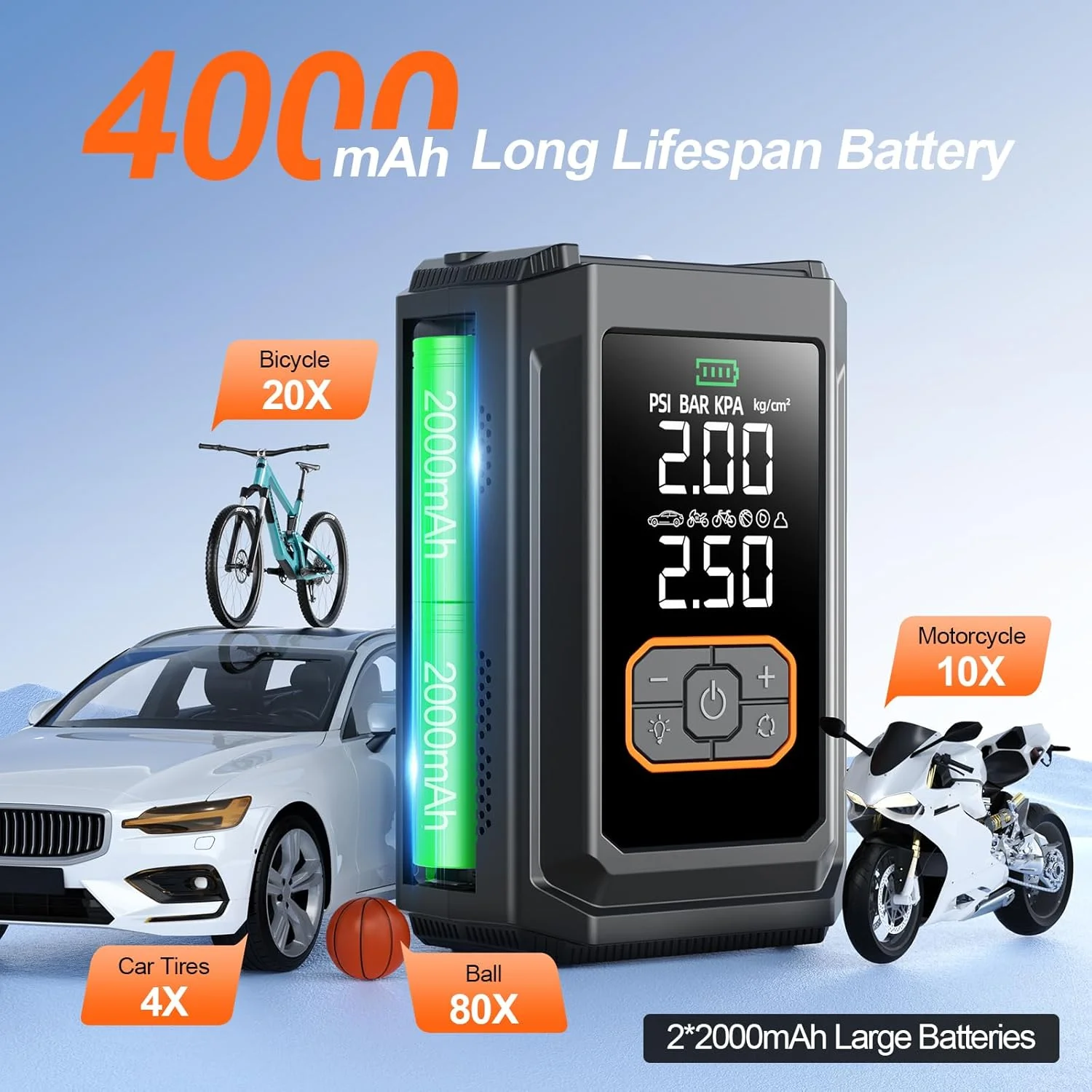 کمپرسور باد قابل حمل، پمپ باد کوچک و بی سیم 150 PSI برای خودرو، موتورسیکلت، دوچرخه، توپ با فشارسنج و چراغ LED