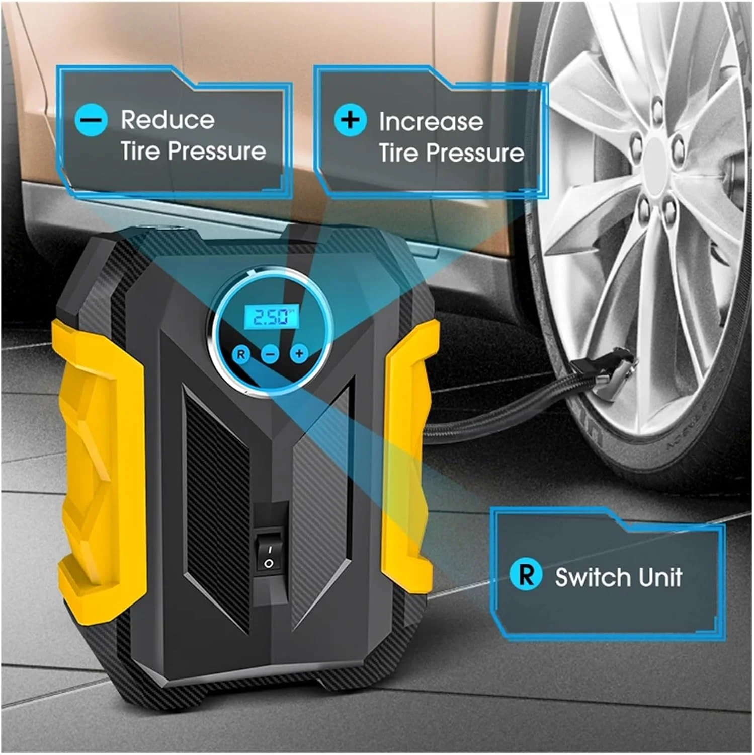 پمپ باد دیجیتال قابل حمل خودرو با چراغ LED برای باد کردن لاستیک ماشین و موتور سیکلت (رنگ: قرمز)