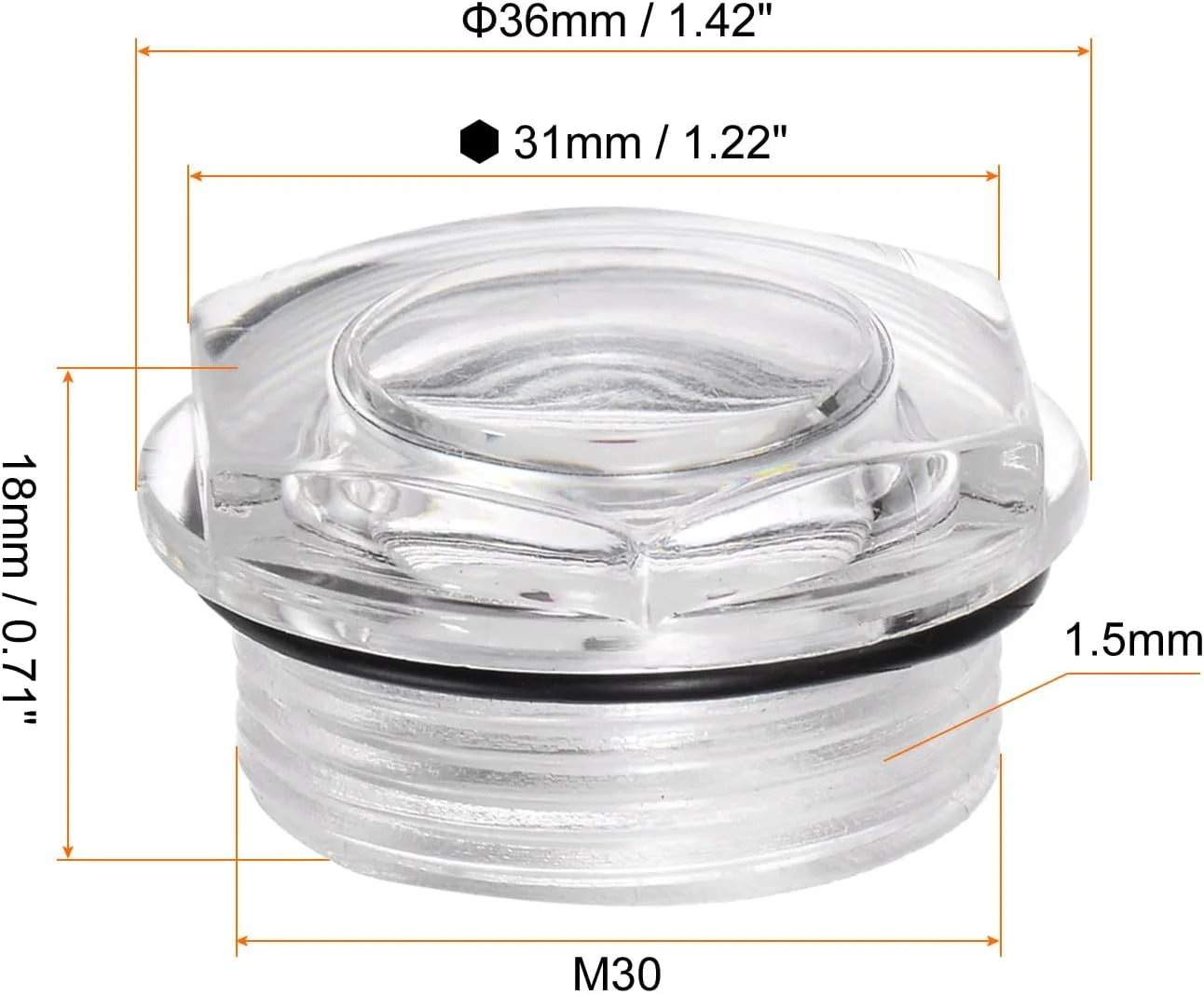 نشانگر سطح روغن کمپرسور هوا کوارکزمن، 4 عدد، M30 x 1.5 میلی متر، نشانگر سطح مایع نر، پنجره نشانگر روغن شش ضلعی پلاستیکی با حلقه O برای مخازن انتقال، شفاف