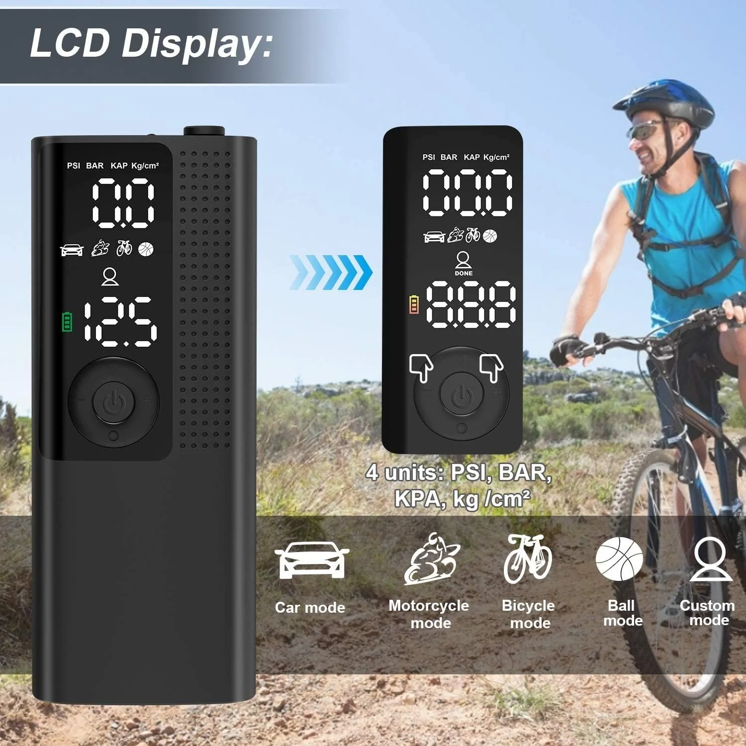 کمپرسور هوای قابل حمل، سنسور فشار هوای با دقت بالا، پمپ برقی 2000MAH، 120PSI، ذخیره سازی نای، با چراغ LED و صفحه نمایش LCD