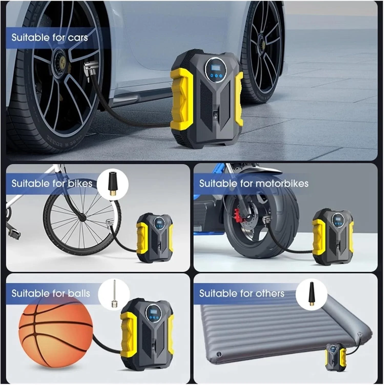 پمپ باد دیجیتال قابل حمل خودرو با چراغ LED برای ماشین و موتور سیکلت (رنگ: آبی) (قرمز)