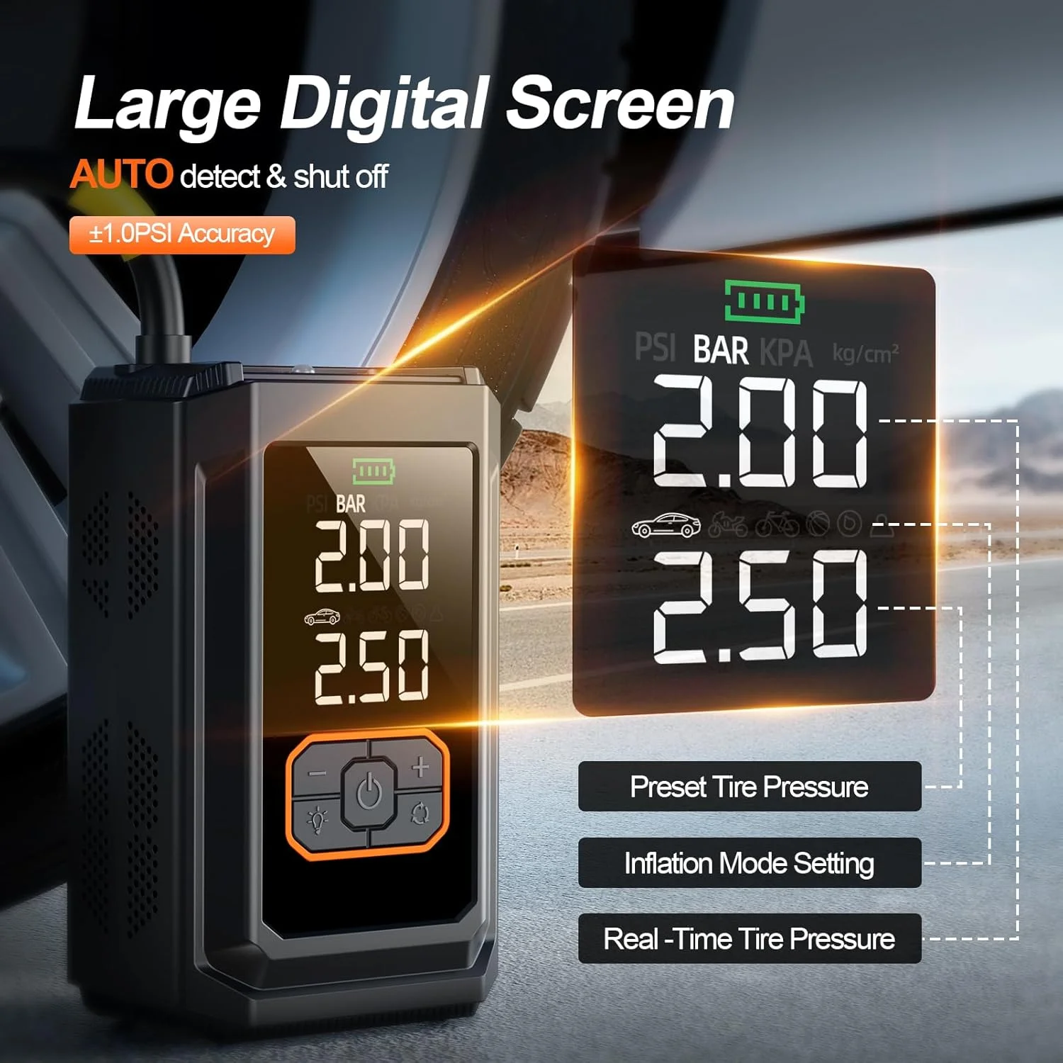 کمپرسور باد قابل حمل، پمپ باد کوچک و بی سیم 150 PSI برای خودرو، موتورسیکلت، دوچرخه، توپ با فشارسنج و چراغ LED