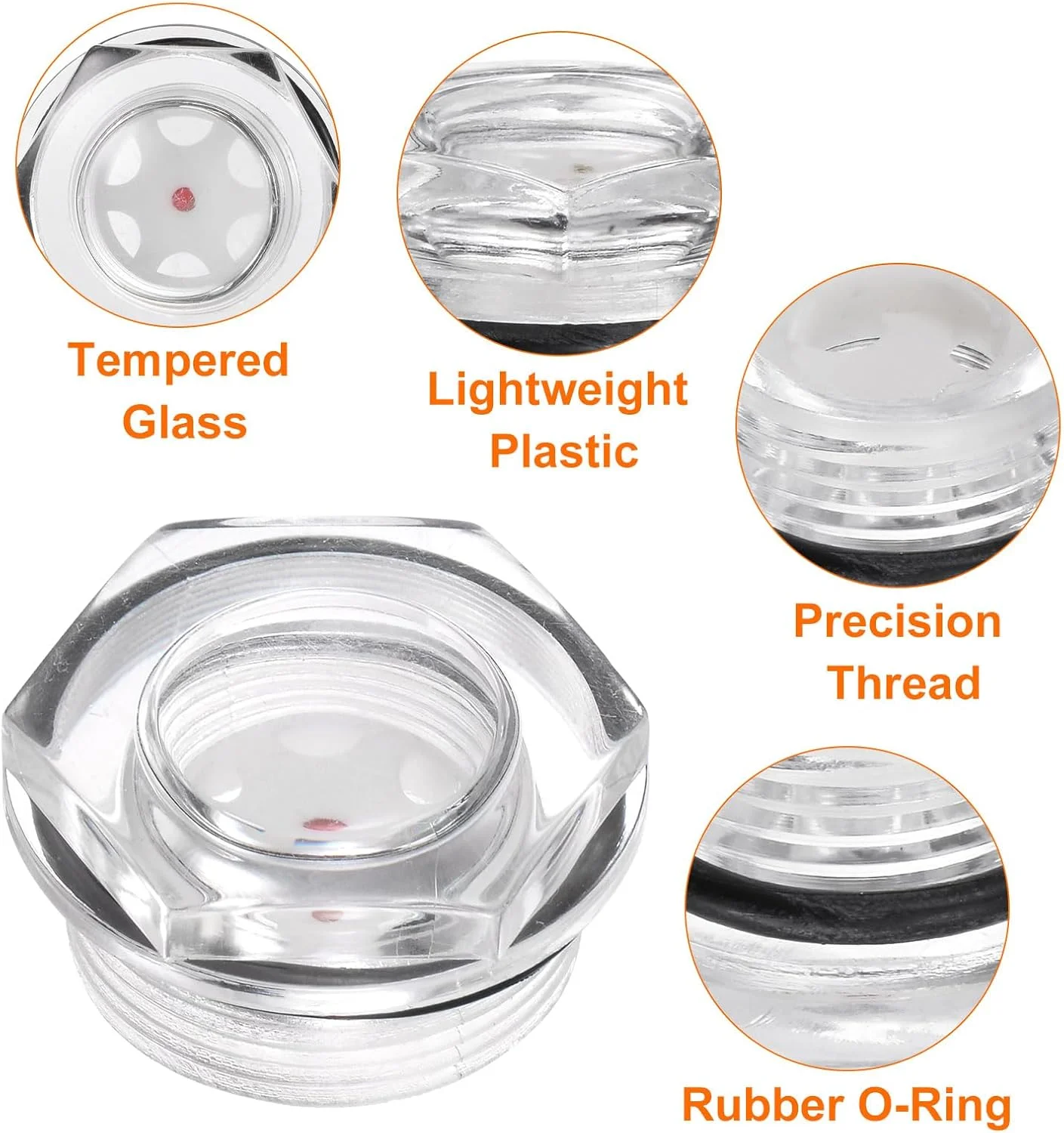 نشانگر سطح روغن کمپرسور هوا کوارکزمن، 4 عدد، M30 x 1.5 میلی متر، نشانگر سطح مایع نر، پنجره نشانگر روغن شش ضلعی پلاستیکی با حلقه O برای مخازن انتقال، شفاف