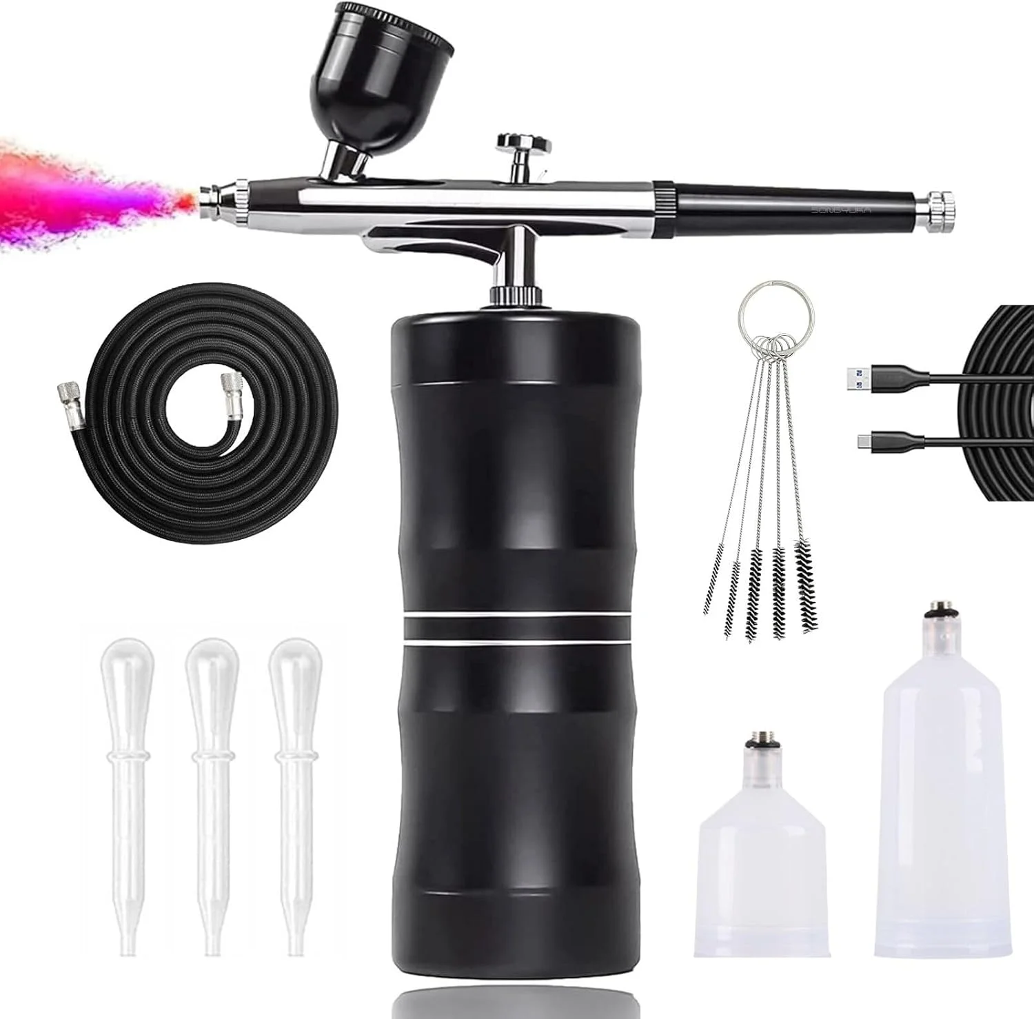 کیت ایربراش SONGYUKA با کمپرسور، کمپرسور ایربراش قابل شارژ ارتقا یافته 1200Amh 32PSI با نازل 0.3 میلی‌متری و کیت رنگ ایر براش برای مدل‌ها، نقاشی، طراحی ناخن، تتو (مشکی2)