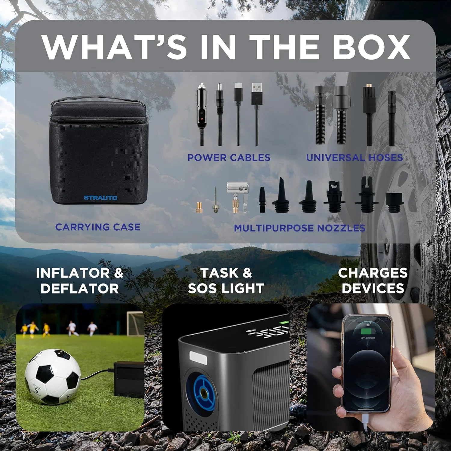 پمپ باد یونیورسال STRAUTO، پمپ باد تایر، کمپرسور هوا، پمپ بورد پارویی، برای ماشین، پمپ دوچرخه، شناور استخر بادی، تشک بادی، توپ، 85737