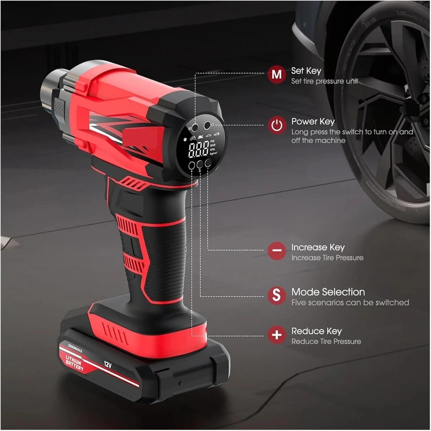 پمپ کمپرسور هوای قابل حمل خودرو برای اتومبیل، موتورسیکلت، دوچرخه DC 12 ولت با چراغ LED