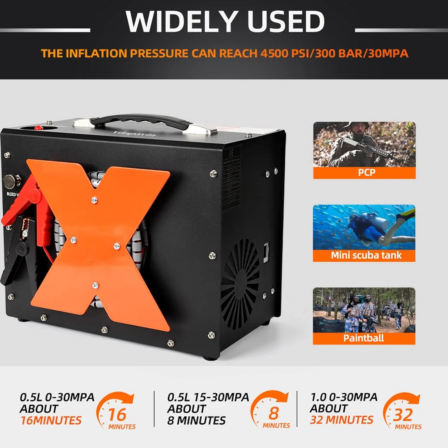 کمپرسور هوای قابل حمل PCP، طراحی عمودی منحصر به فرد قابل حمل + قرقره سیم، توقف خودکار، بدون روغن/آب، 4500psi/30 مگاپاسکال، تغذیه شده توسط 12 ولت DC یا 110 ولت AC، اتصال سریع 8 میلی متری برای پینت بال/هوای PCP