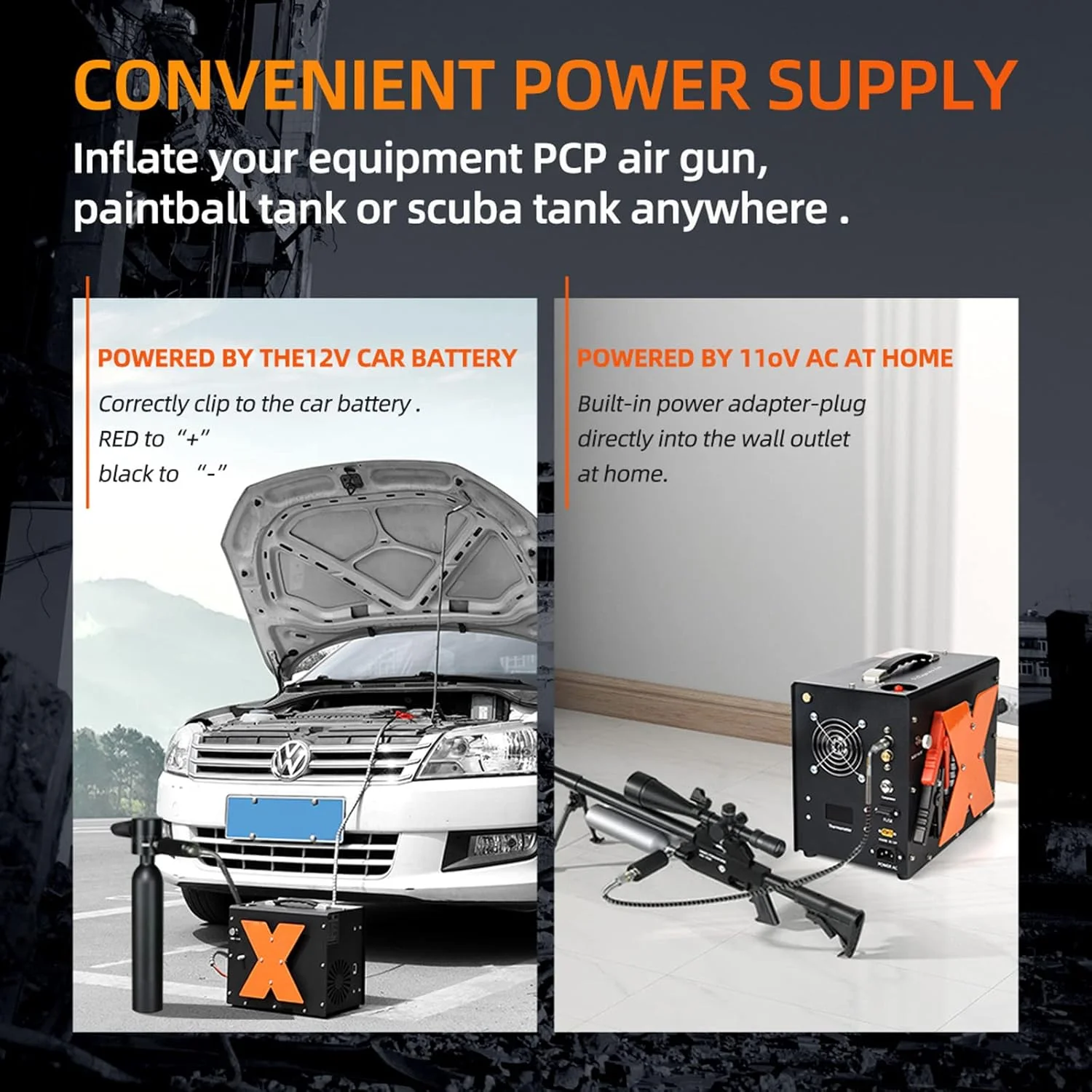 کمپرسور هوای قابل حمل PCP، طراحی عمودی منحصر به فرد قابل حمل + قرقره سیم، توقف خودکار، بدون روغن/آب، 4500psi/30 مگاپاسکال، تغذیه شده توسط 12 ولت DC یا 110 ولت AC، اتصال سریع 8 میلی متری برای پینت بال/هوای PCP