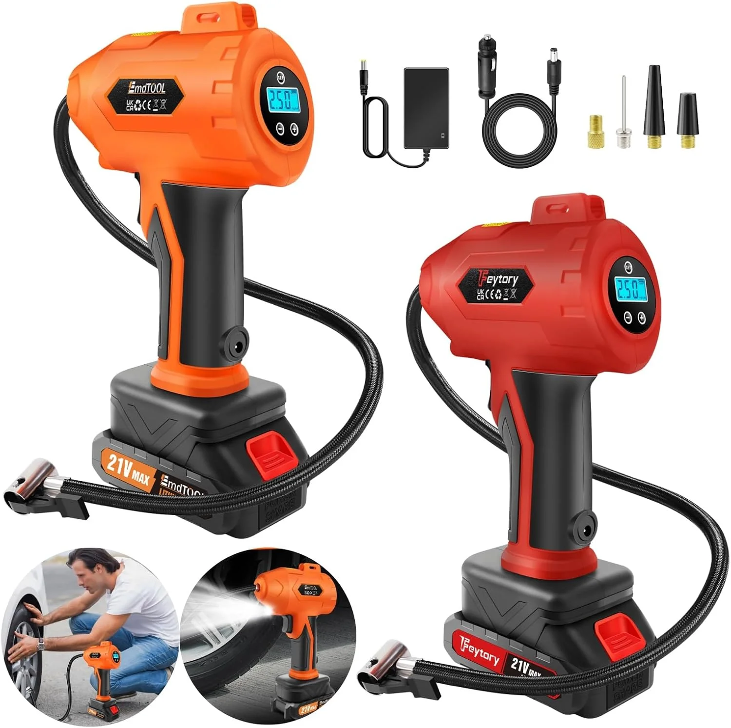 پمپ باد دیجیتال شارژی 21 ولت برای خودرو، پمپ باد تایر خودرو با باتری 1500 میلی آمپر ساعتی و چراغ LED، فشار 160 PSI، پمپ باد دستی، مناسب برای خودرو، موتورسیکلت، دوچرخه، بسکتبال