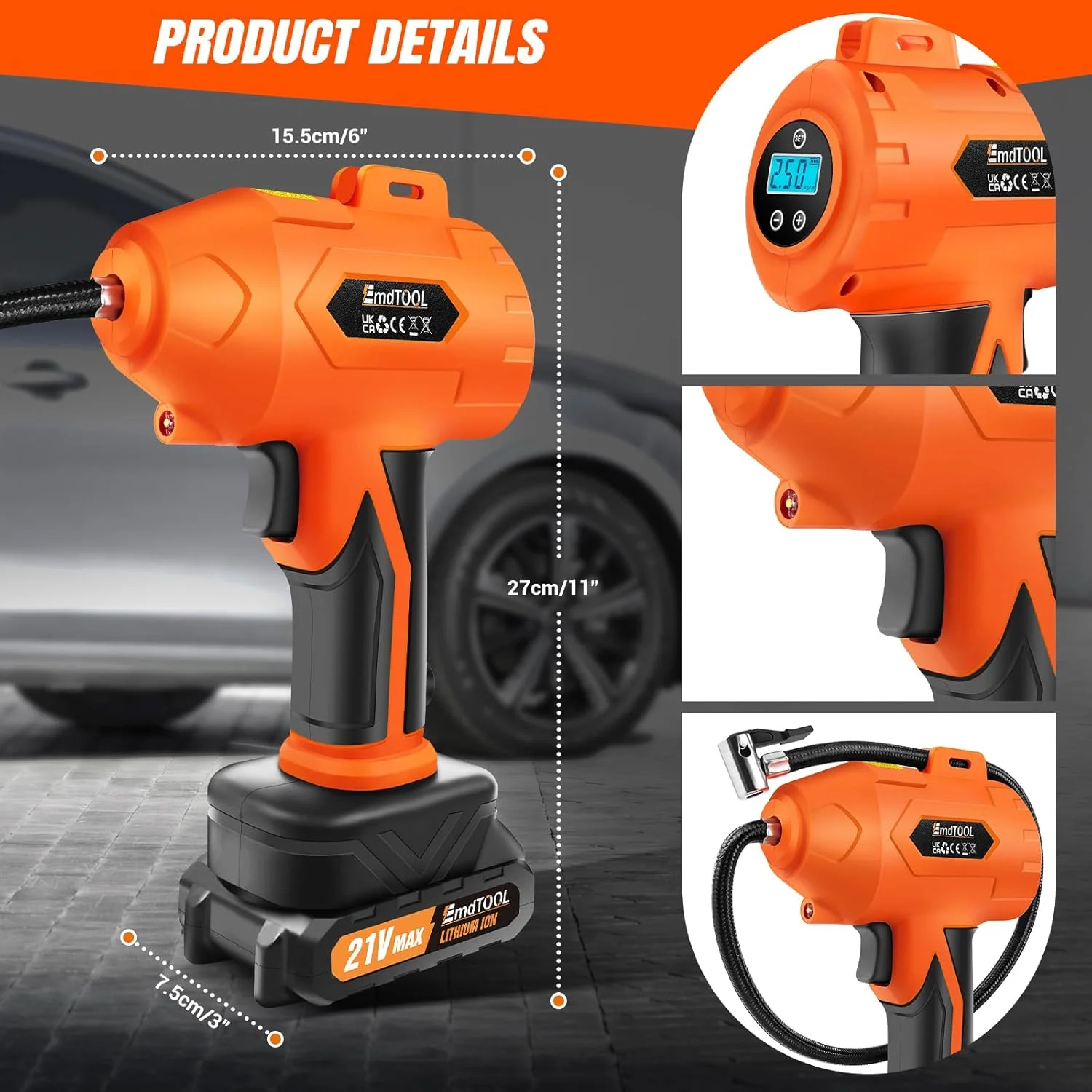 پمپ باد دیجیتال شارژی 21 ولت برای خودرو، پمپ باد تایر خودرو با باتری 1500 میلی آمپر ساعتی و چراغ LED، فشار 160 PSI، پمپ باد دستی، مناسب برای خودرو، موتورسیکلت، دوچرخه، بسکتبال پمپ باد دیجیتال شارژی 21 ولت برای خودرو، پمپ باد تایر خودرو با باتری 1500 میلی آمپر ساعتی و چراغ LED، فشار 160 PSI، پمپ باد دستی، مناسب برای خودرو، موتورسیکلت، دوچرخه، بسکتبال