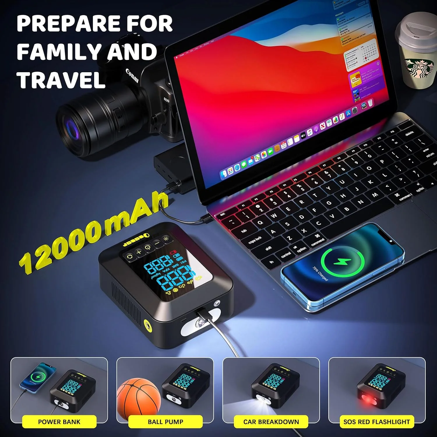 پمپ باد برای لاستیک خودرو با کیت تعمیر لاستیک 6 در 1، پمپ دو سیلندر 150PSI بی سیم برای کامیون، 12000mAh و نرخ تورم 50LPM برای وانت، خودروهای MPV و SUV (مشکی، مدل AP11)