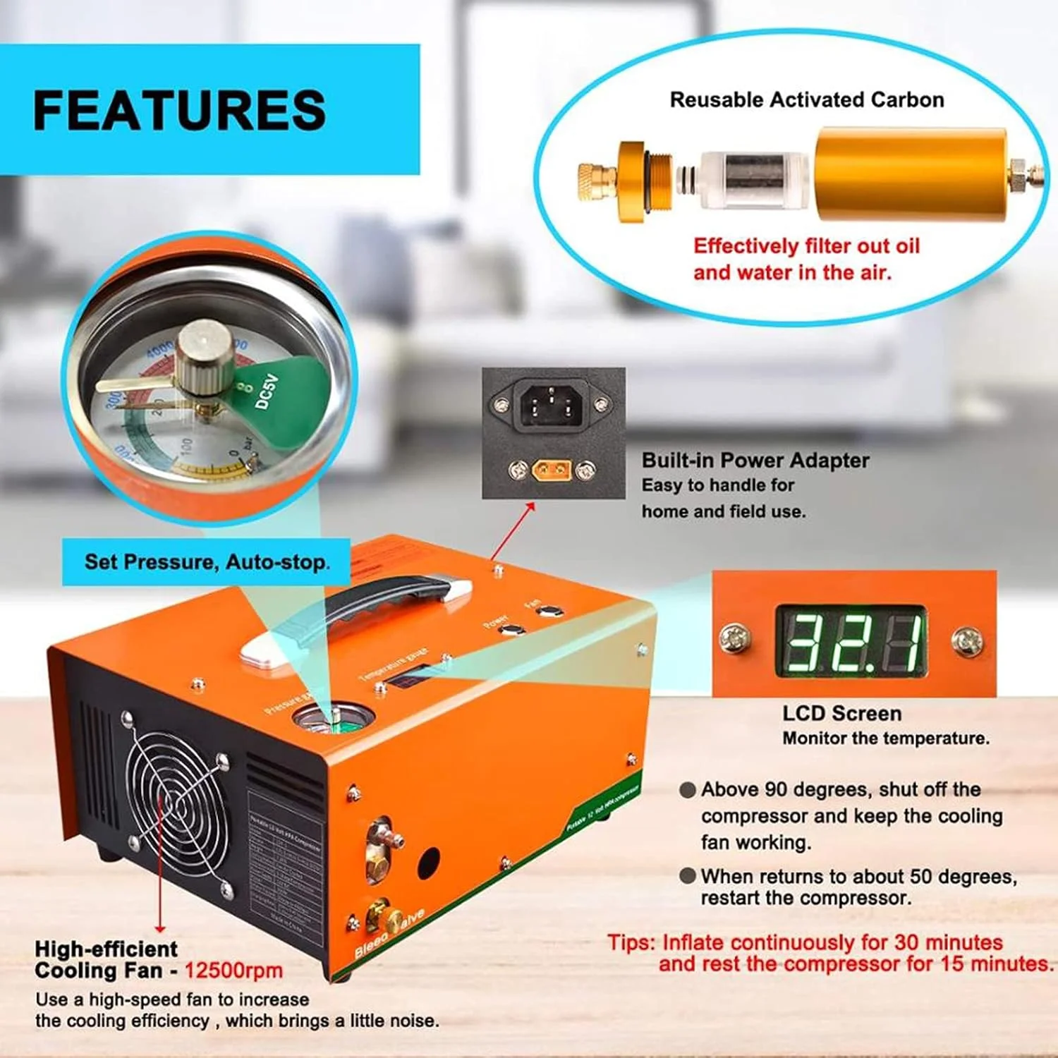 کمپرسور هوای قابل حمل DACBNX /220V/12V PCP، پمپ فشار قوی 4500Psi 300Bar PCP با خاموش شدن خودکار و ترانسفورماتور داخلی