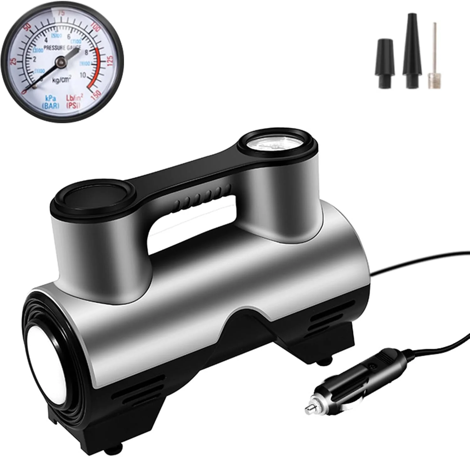 پمپ باد فندکی خودرو Morelian، کمپرسور هوای قابل حمل، پمپ تایر خودرو با چراغ LED، خاموش شدن خودکار، 3 نازل، کمپرسور هوا برای توپ، موتور، دوچرخه و خودرو