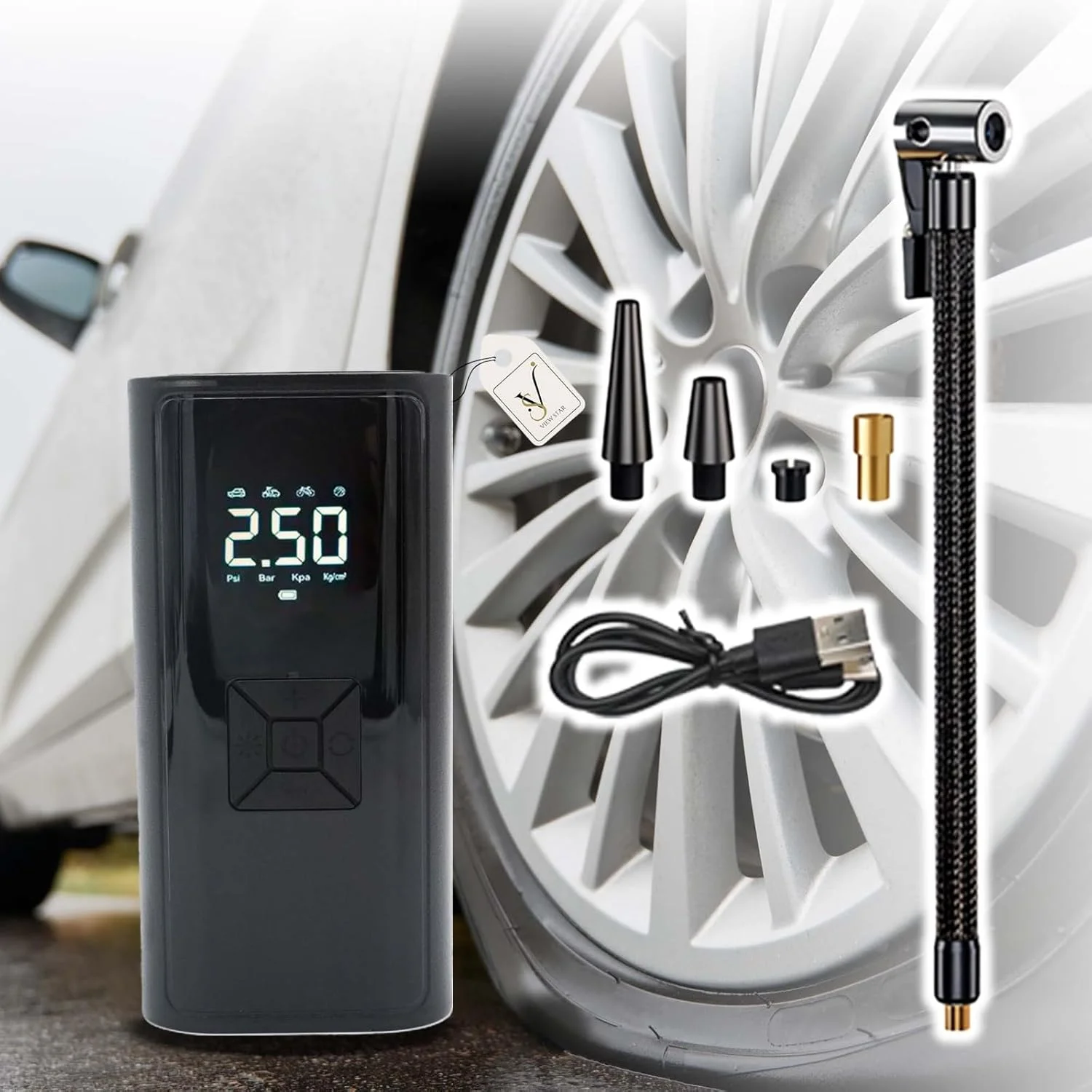 تلمبه باد قابل حمل و سنگین Viewstar برای خودرو و دوچرخه - کمپرسور هوا با شلنگ افزایش طول، کیت اسپری و تعمیر - صفحه نمایش دیجیتال و خاموش شدن خودکار
