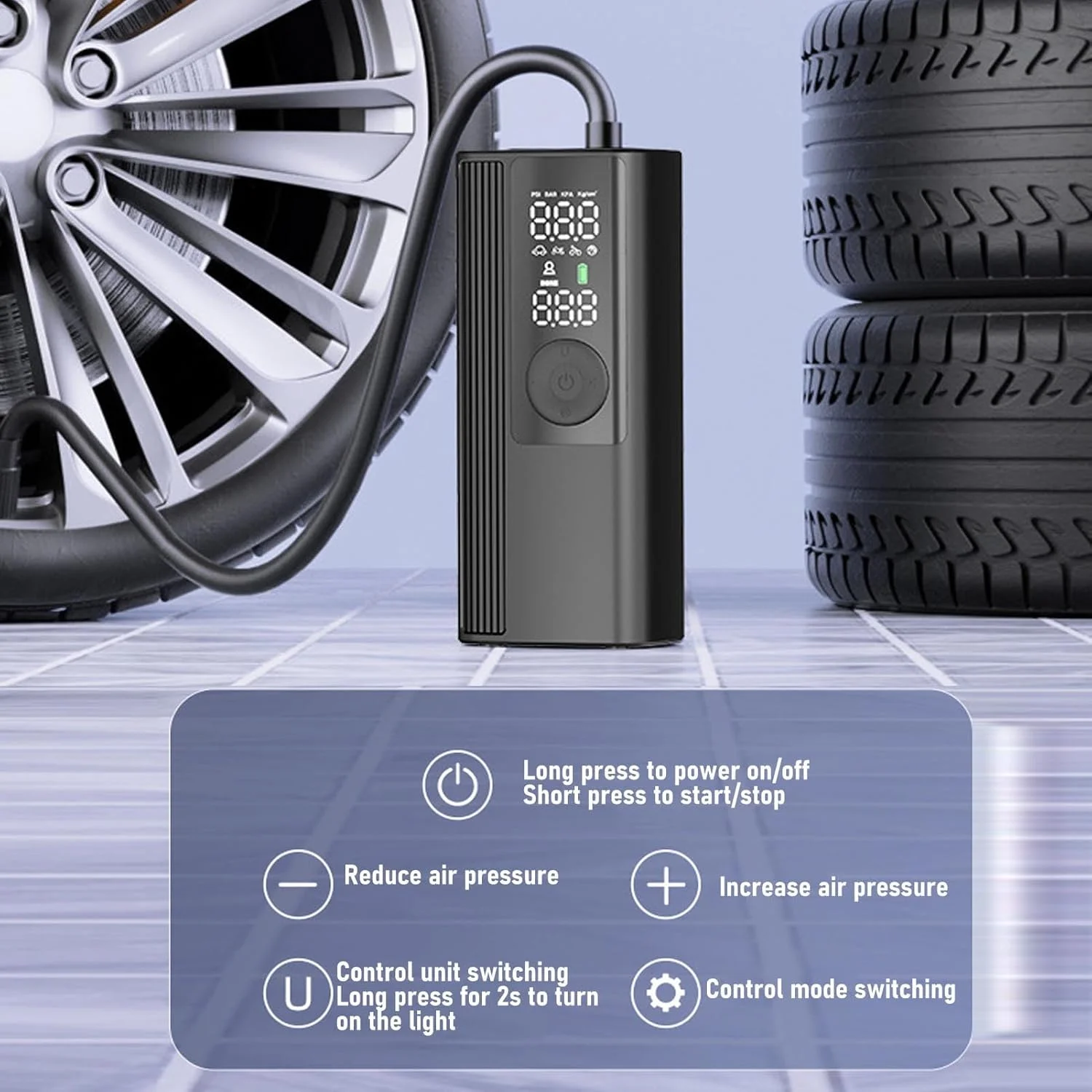 پمپ باد قابل حمل، کمپرسور هوا بی سیم با نمایشگر دیجیتال، خاموش شدن خودکار، 4 آداپتور، چراغ LED، برای ماشین، موتور سیکلت، دوچرخه، توپ پمپ باد قابل حمل، کمپرسور هوا بی سیم با نمایشگر دیجیتال، خاموش شدن خودکار، 4 آداپتور، چراغ LED، برای ماشین، موتور سیکلت، دوچرخه، توپ