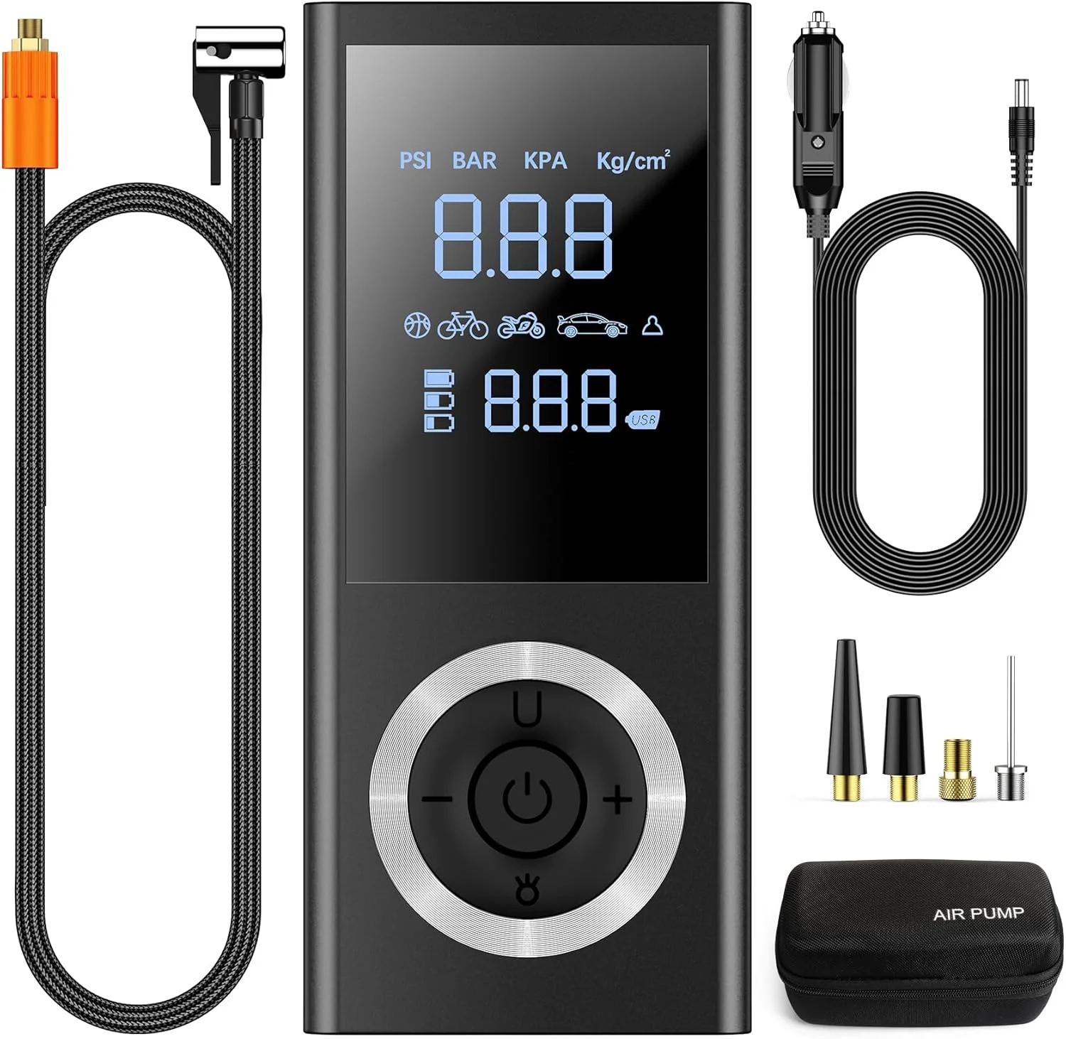 کمپرسور باد قابل حمل شارژی برای لاستیک خودرو با فشارسنج دیجیتال، چراغ LED، آداپتور برق 12 ولت خودرو، جعبه نگهداری