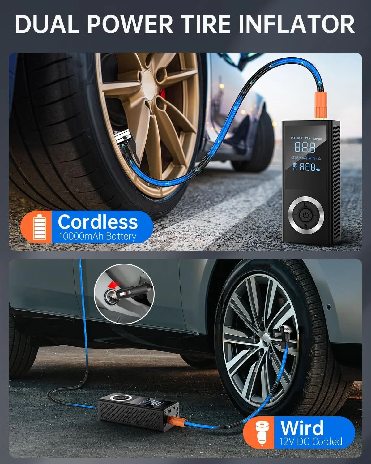 کمپرسور باد قابل حمل شارژی برای لاستیک خودرو با فشارسنج دیجیتال، چراغ LED، آداپتور برق 12 ولت خودرو، جعبه نگهداری