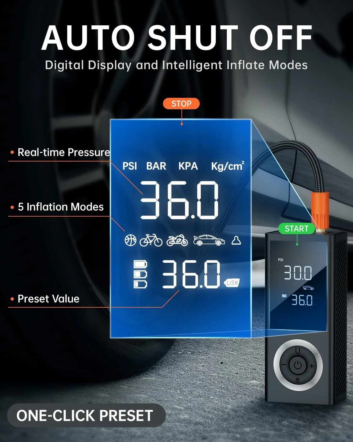 کمپرسور باد قابل حمل شارژی برای لاستیک خودرو با فشارسنج دیجیتال، چراغ LED، آداپتور برق 12 ولت خودرو، جعبه نگهداری