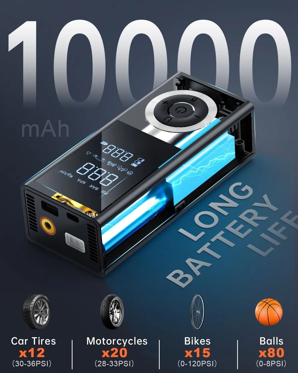 کمپرسور باد قابل حمل شارژی برای لاستیک خودرو با فشارسنج دیجیتال، چراغ LED، آداپتور برق 12 ولت خودرو، جعبه نگهداری