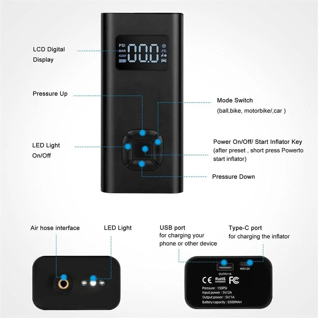 کمپرسور هوای قابل حمل خودرو، پمپ باد برقی بی سیم، شارژی دیجیتال 150psi اتوماتیک کمپرسور هوای قابل حمل خودرو، پمپ باد برقی بی سیم، شارژی دیجیتال 150psi اتوماتیک