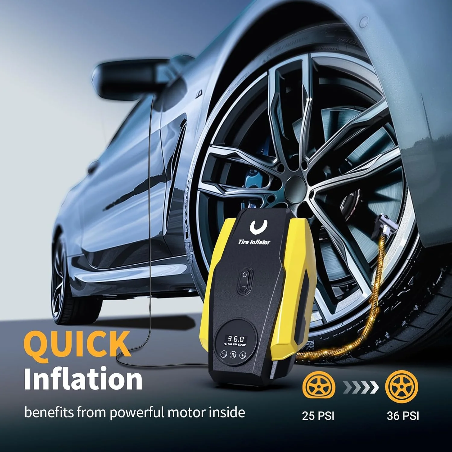 پمپ باد قابل حمل HYRAINBOW - پمپ هوا برای لاستیک خودرو - پمپ لاستیک فشرده 12 ولت DC با عملکرد خاموش شدن خودکار - لوازم جانبی چند منظوره خودرو با چراغ LED، زرد، متوسط پمپ باد قابل حمل HYRAINBOW - پمپ هوا برای لاستیک خودرو - پمپ لاستیک فشرده 12 ولت DC با عملکرد خاموش شدن خودکار - لوازم جانبی چند منظوره خودرو با چراغ LED، زرد، متوسط