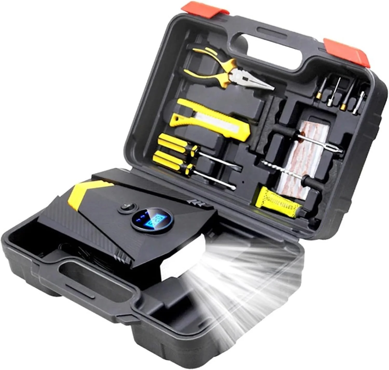 پمپ بادی دیجیتال خودرو با روشنایی، کمپرسور هوای اتوماتیک برای لاستیک چرخ خودرو، پمپ برقی 12 ولت (رنگ: دیجیتال با جعبه)