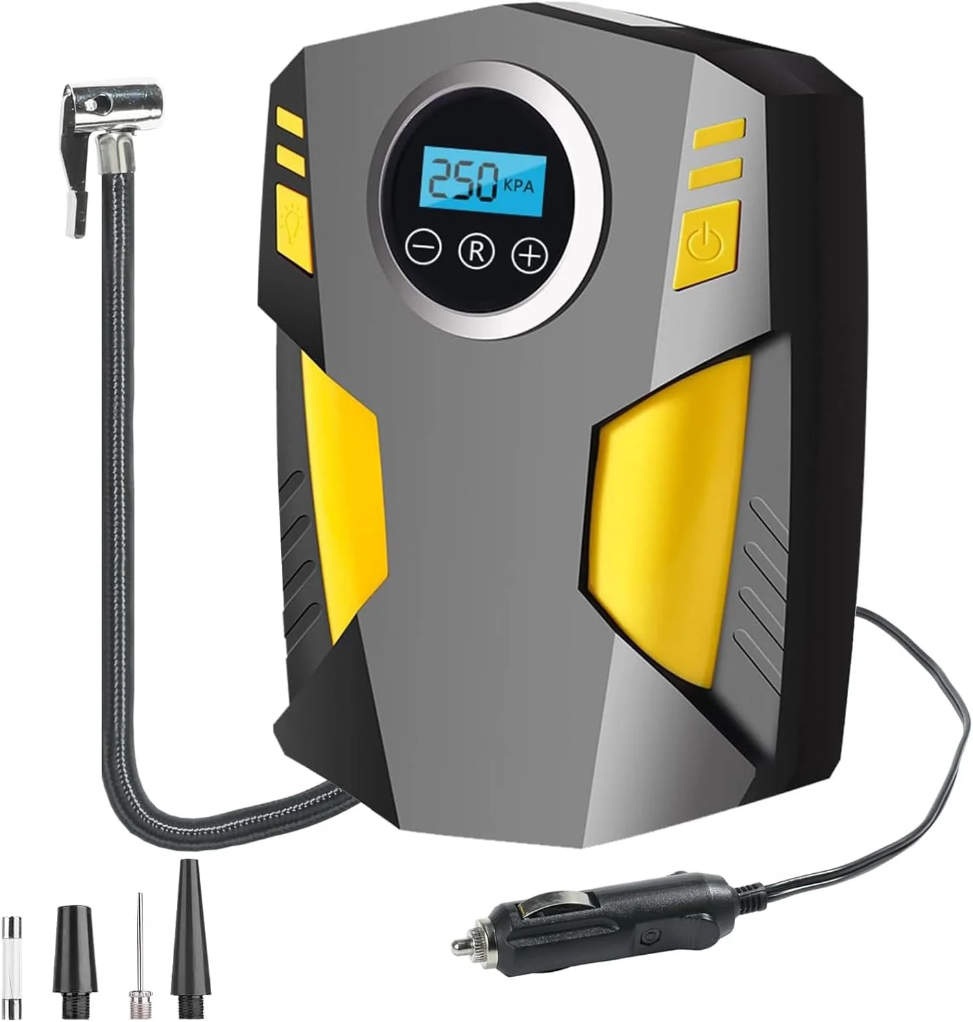 کمپرسور باد قابل حمل برای تایر، پمپ تایر خودرو 12 ولت با 3 آداپتور نازل، فشارسنج دیجیتال با خاموشی خودکار، پمپ باد برقی با چراغ چشمک زن LED برای تایرهای خودرو، دوچرخه و توپ